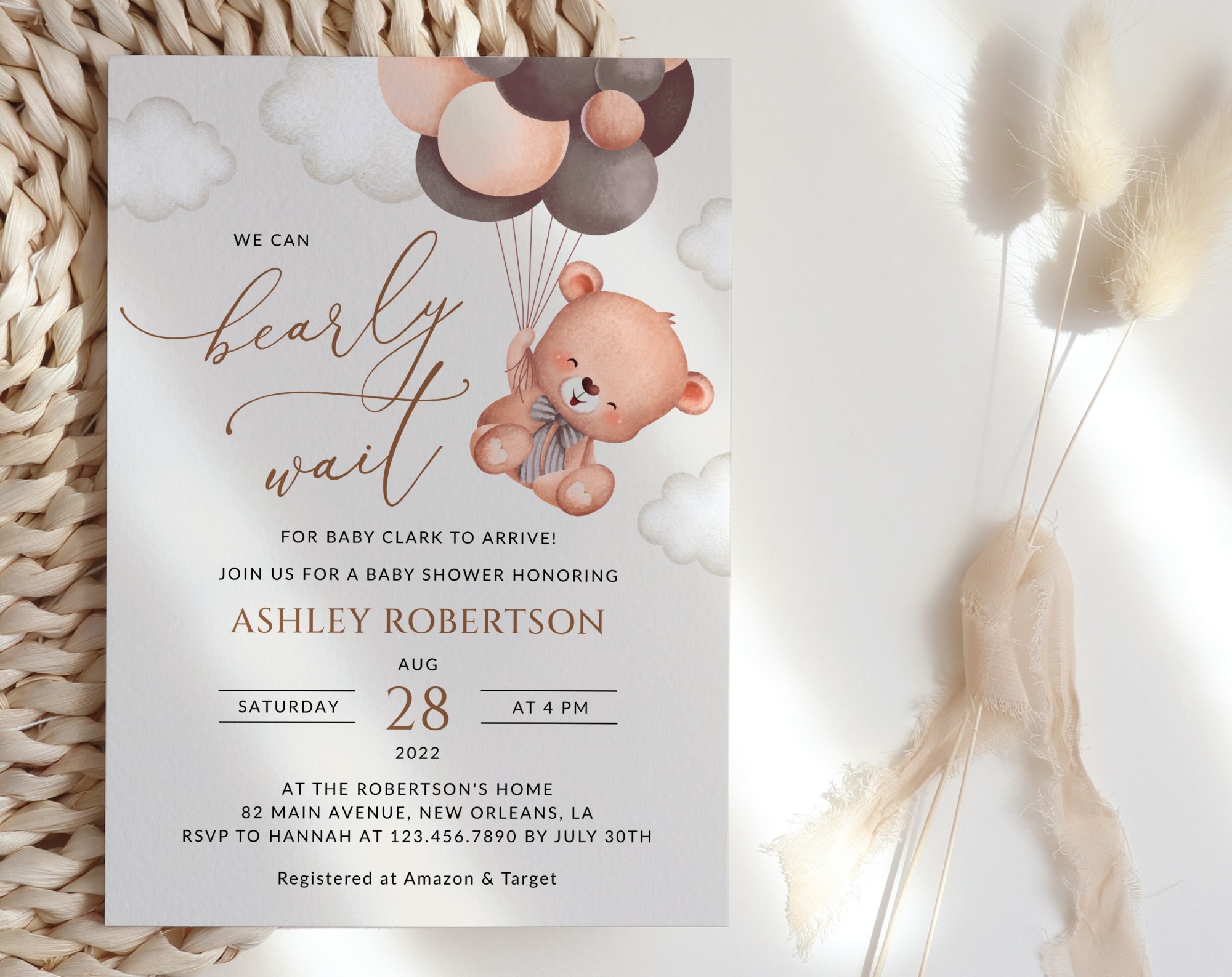 Baby Bear with Brown Balloons Baby Shower Invitation, Gender Neutral Baby Shower, Printable File, Edit Yourself, SH62