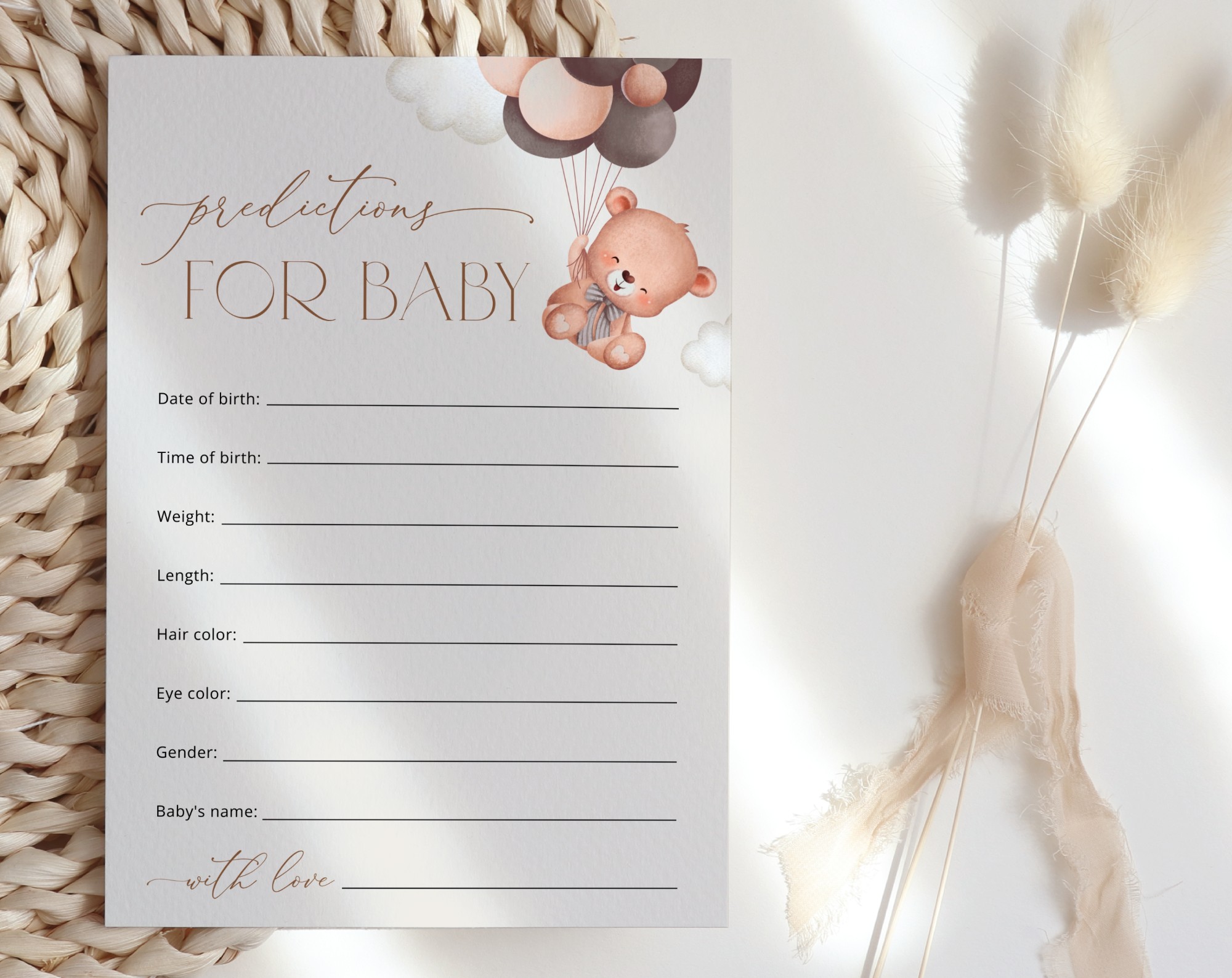 Baby Bear with Brown Balloons Baby Shower Games, Set of 3 Games, Advice Predictions Wishes, Gender Neutral Baby Shower, Printable File, Edit Yourself, SH62