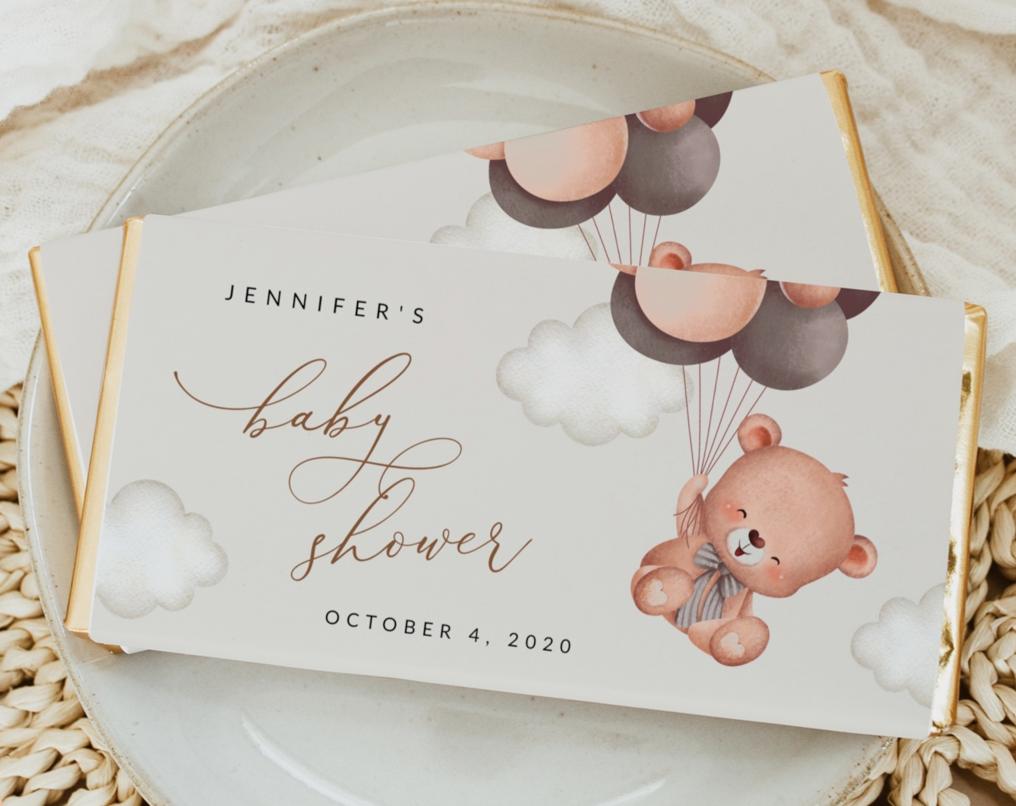 Baby Bear with Brown Balloons Chocolate Bar Wrapper, Candy Bar Wrapper, Gender Neutral Baby Shower, Printable File, Edit Yourself, SH62