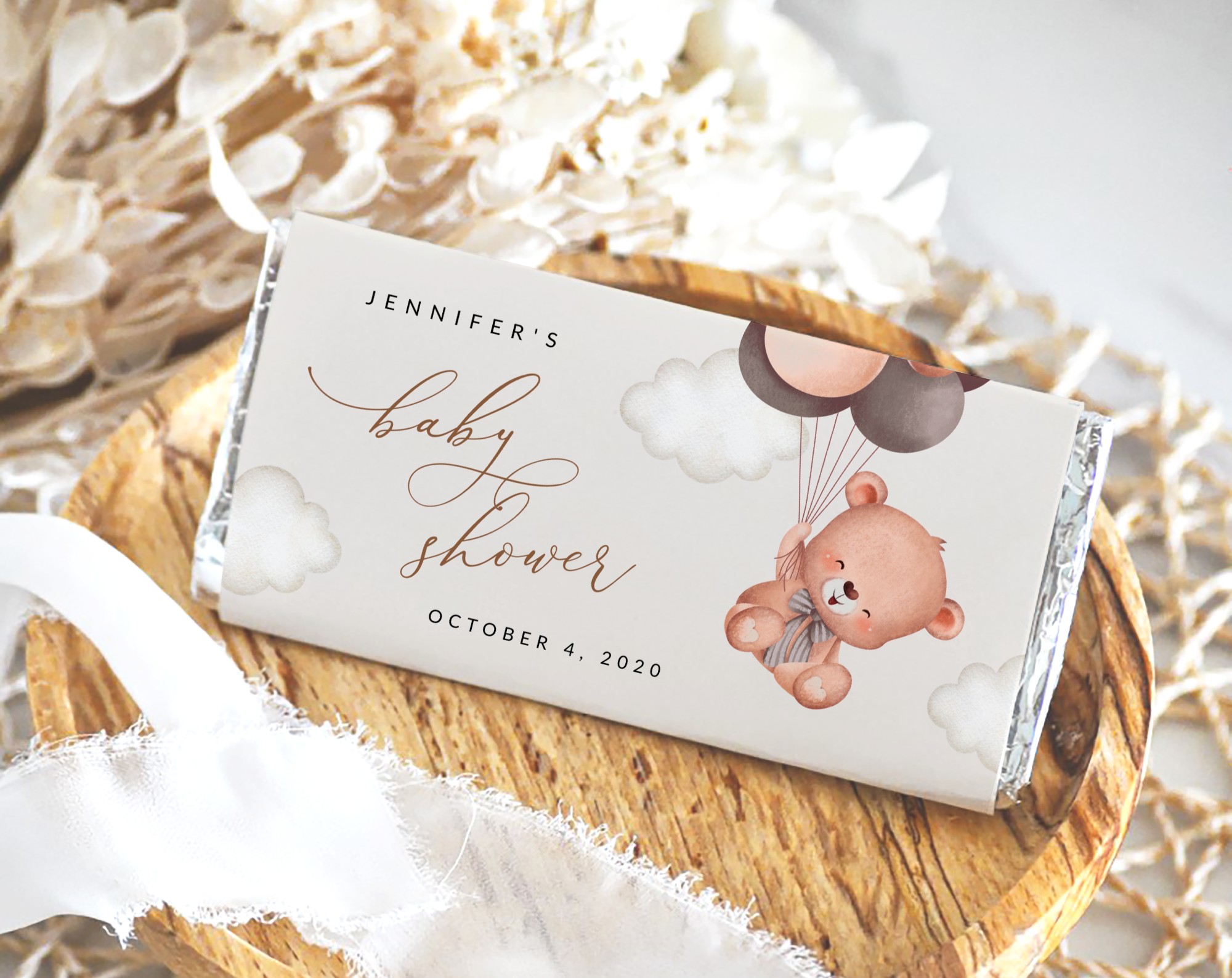 Baby Bear with Brown Balloons Chocolate Bar Wrapper, Candy Bar Wrapper, Gender Neutral Baby Shower, Printable File, Edit Yourself, SH62