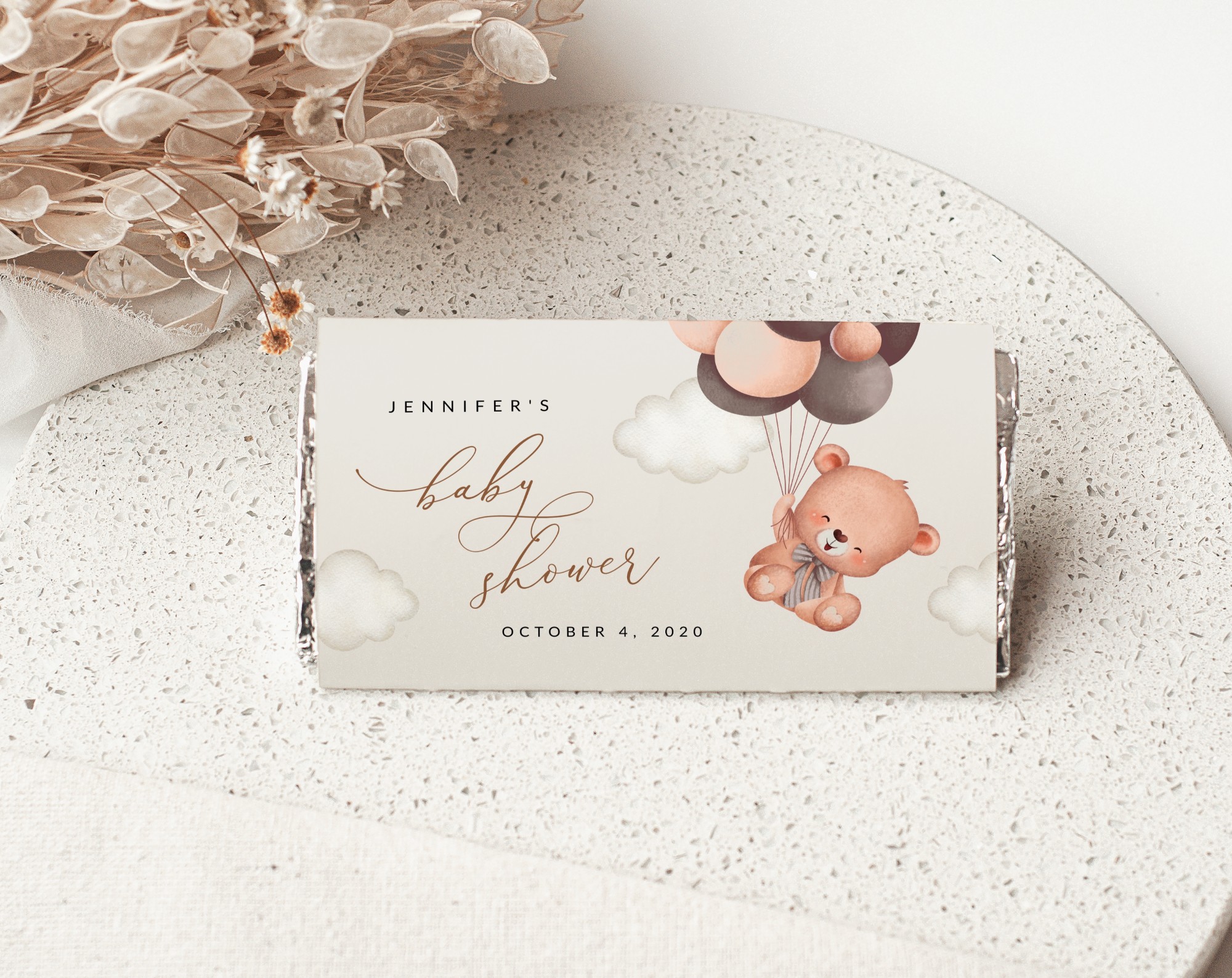 Baby Bear with Brown Balloons Chocolate Bar Wrapper, Candy Bar Wrapper, Gender Neutral Baby Shower, Printable File, Edit Yourself, SH62