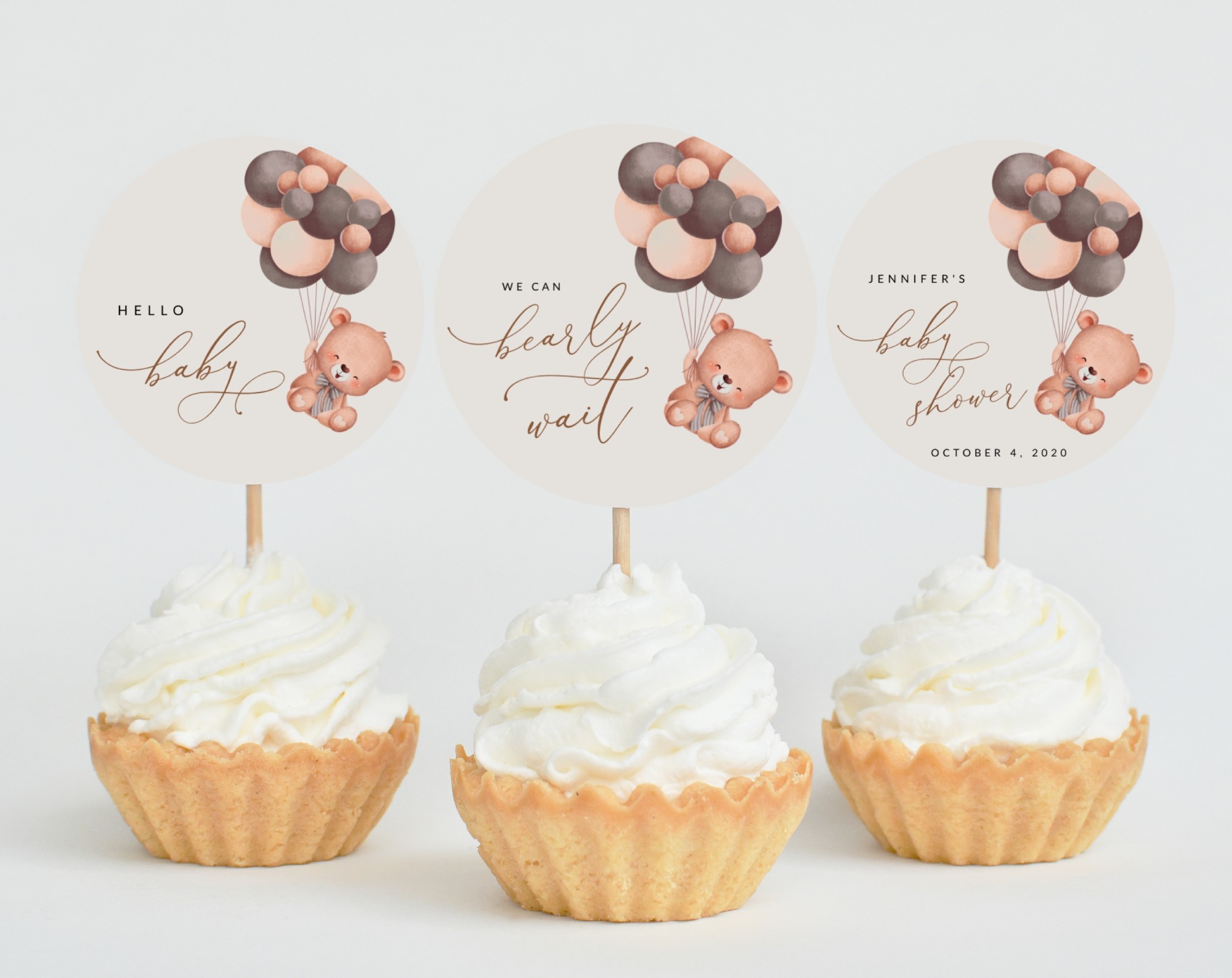Baby Bear with Brown Balloons Cupcake Toppers, Baby Shower Decoration, Gender Neutral Baby Shower, Printable File, Edit Yourself, SH62