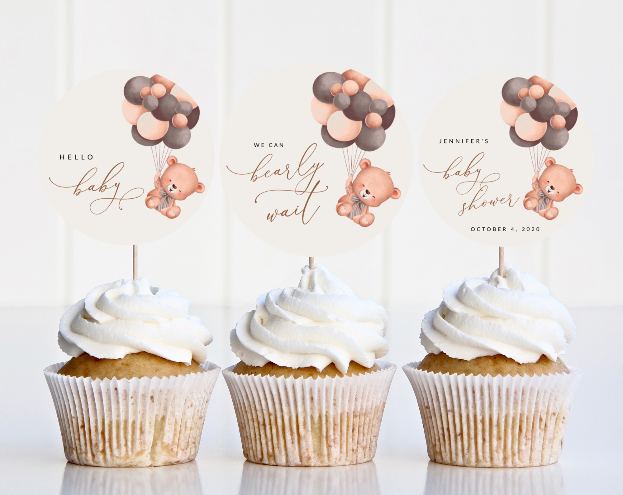 Baby Bear with Brown Balloons Cupcake Toppers, Baby Shower Decoration, Gender Neutral Baby Shower, Printable File, Edit Yourself, SH62 Baby Bear with Brown Balloons Cupcake Toppers, Baby Shower Decoration, Gender Neutral Baby Shower, Printable File, Edit Yourself, SH62