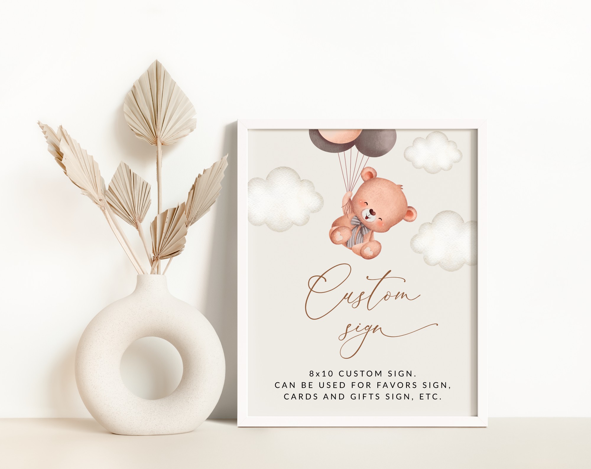 Baby Bear with Brown Balloons Custom Sign, Baby Shower Sign, Gender Neutral Baby Shower, Printable File, Edit Yourself, SH62