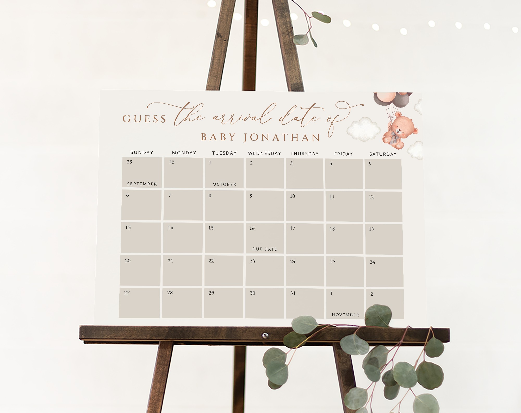 Baby Bear with Brown Balloons Guess the Due Date, Baby Shower Game, Gender Neutral Baby Shower, Printable File, Edit Yourself, SH62 Baby Bear with Brown Balloons Guess the Due Date, Baby Shower Game, Gender Neutral Baby Shower, Printable File, Edit Yourself, SH62