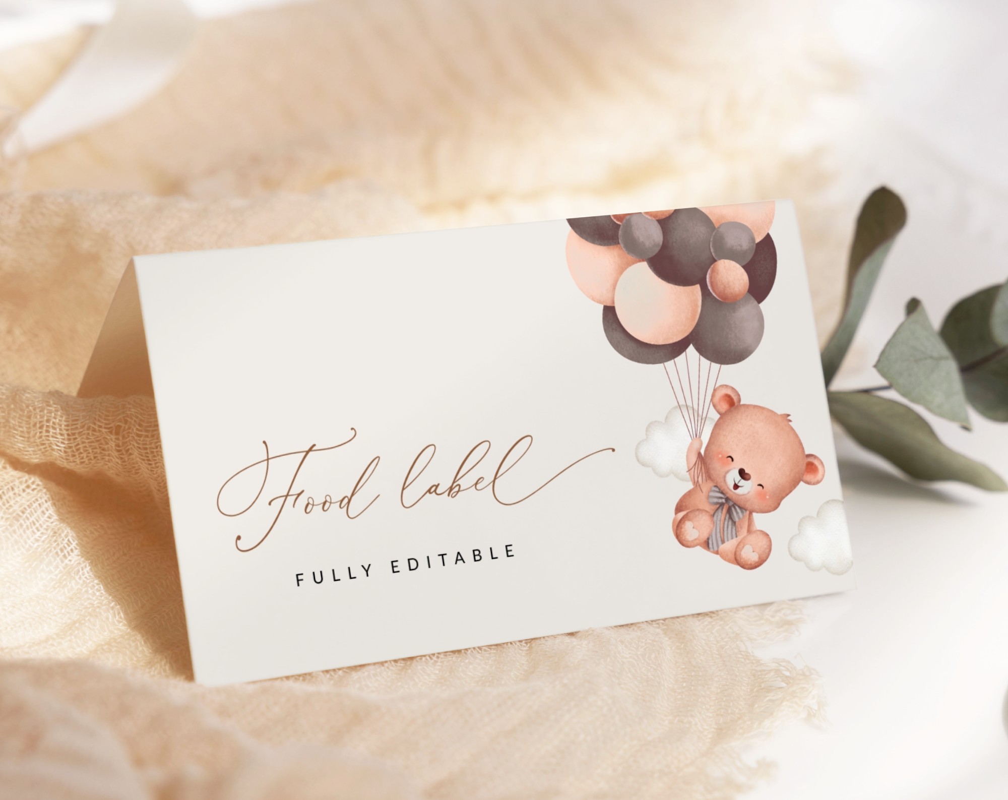 Baby Bear with Brown Balloons Food Label, Baby Shower Decoration, Gender Neutral Baby Shower, Printable File, Edit Yourself, SH62