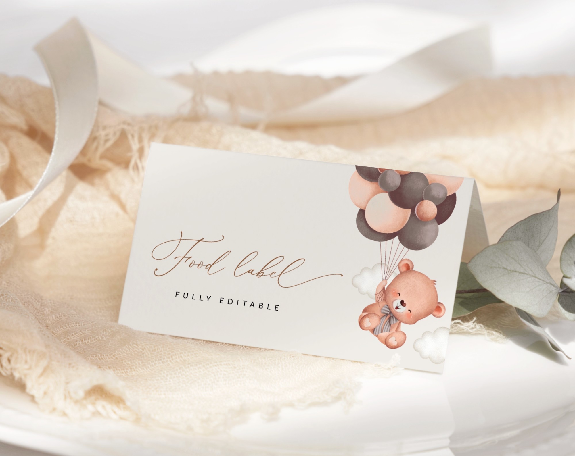 Baby Bear with Brown Balloons Food Label, Baby Shower Decoration, Gender Neutral Baby Shower, Printable File, Edit Yourself, SH62