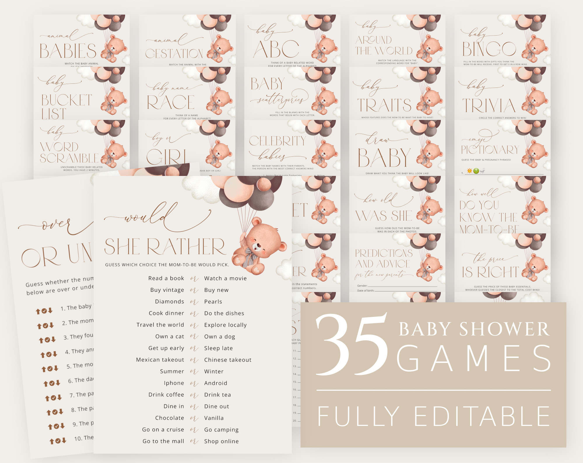 Baby Bear with Brown Balloons Baby Shower Games Bundle, Set of 35 Games, Gender Neutral Baby Shower, Printable File, Edit Yourself, SH62 Baby Bear with Brown Balloons Baby Shower Games Bundle, Set of 35 Games, Gender Neutral Baby Shower, Printable File, Edit Yourself, SH62