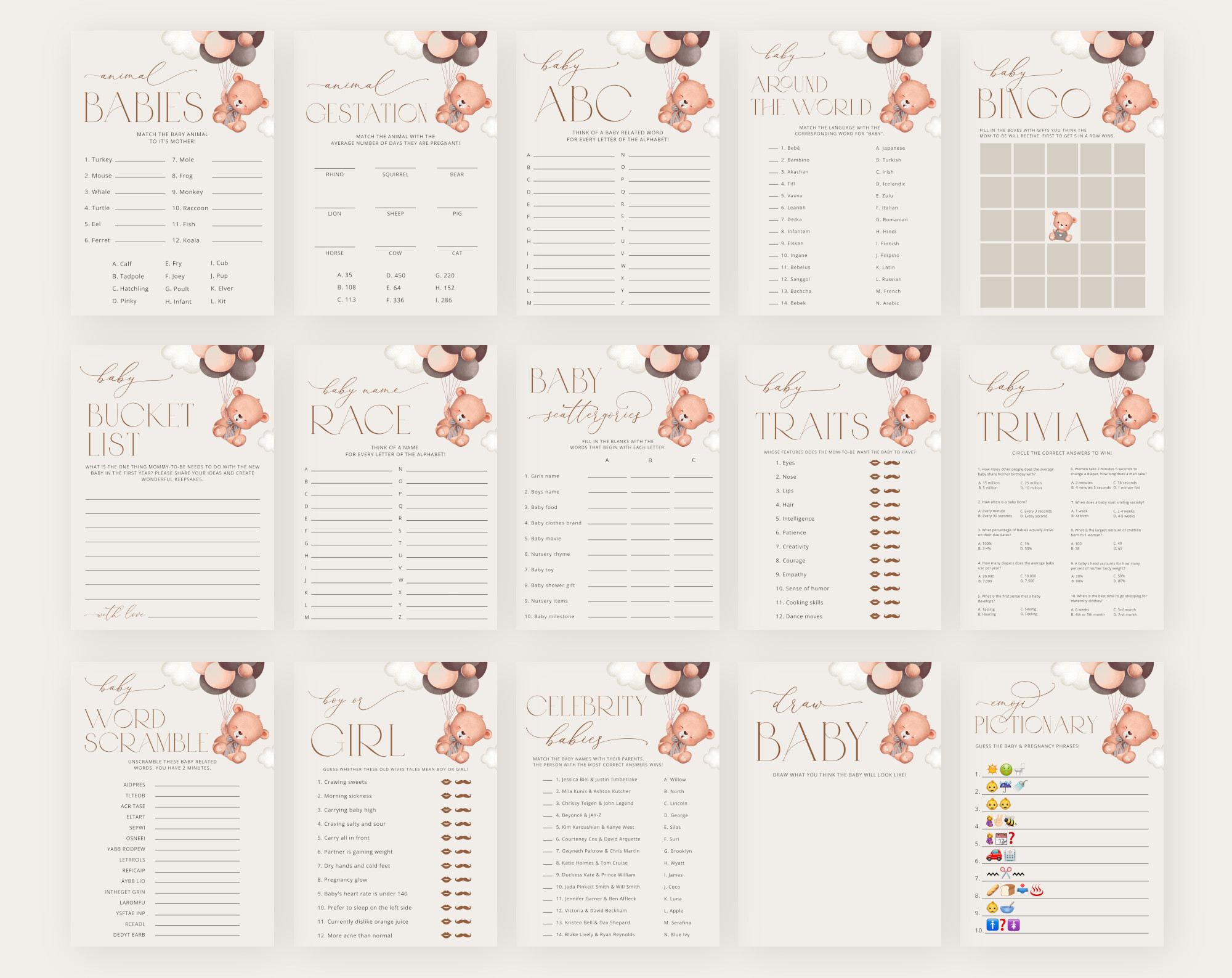 Baby Bear with Brown Balloons Baby Shower Games Bundle, Set of 35 Games, Gender Neutral Baby Shower, Printable File, Edit Yourself, SH62