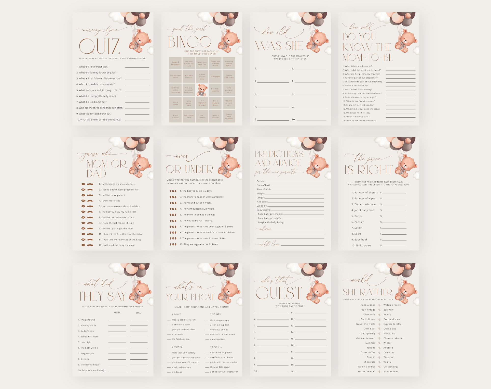 Baby Bear with Brown Balloons Baby Shower Games Bundle, Set of 35 Games, Gender Neutral Baby Shower, Printable File, Edit Yourself, SH62
