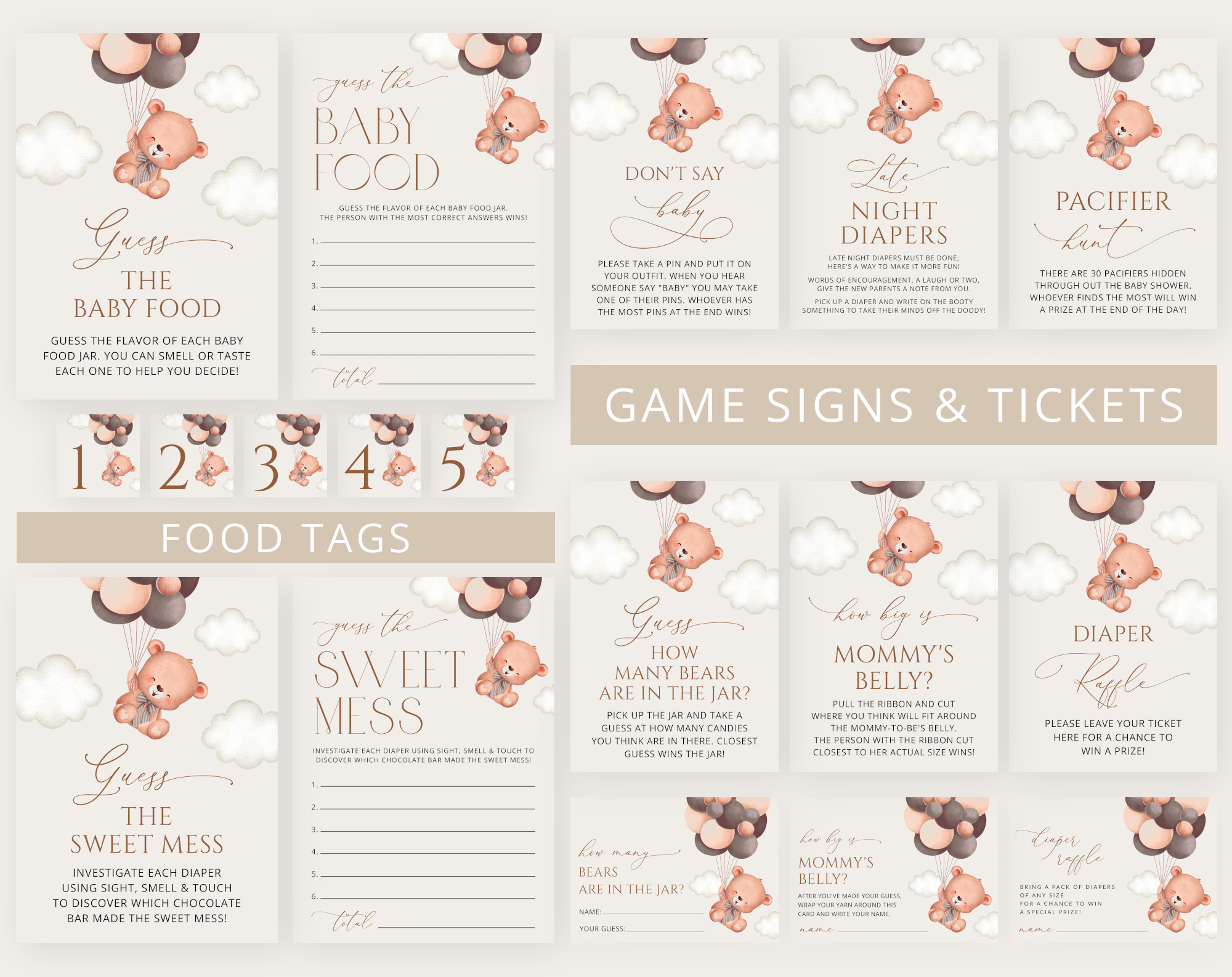 Baby Bear with Brown Balloons Baby Shower Games Bundle, Set of 35 Games, Gender Neutral Baby Shower, Printable File, Edit Yourself, SH62