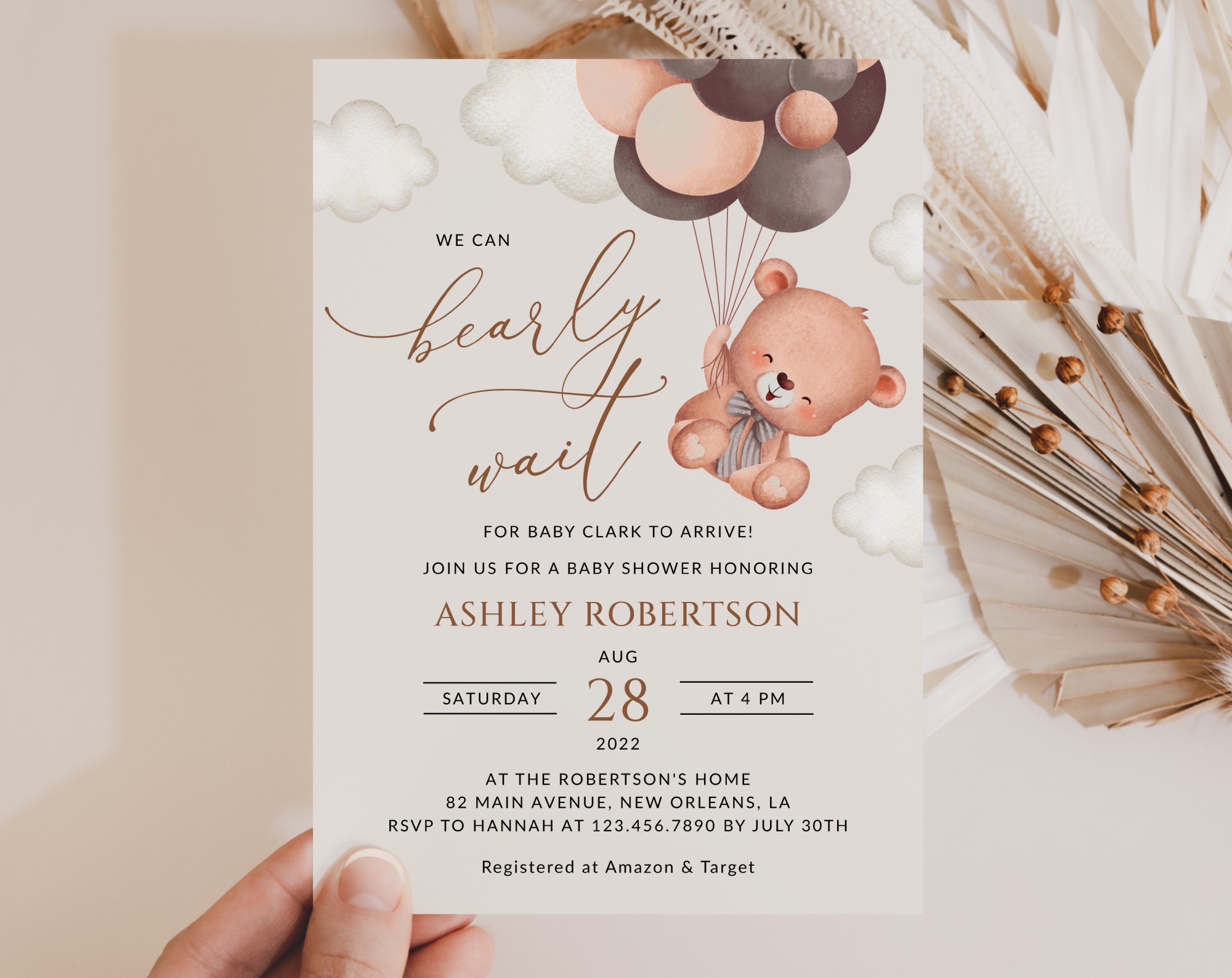 Baby Bear with Brown Balloons Baby Shower Invitation, Gender Neutral Baby Shower, Printable File, Edit Yourself, SH62