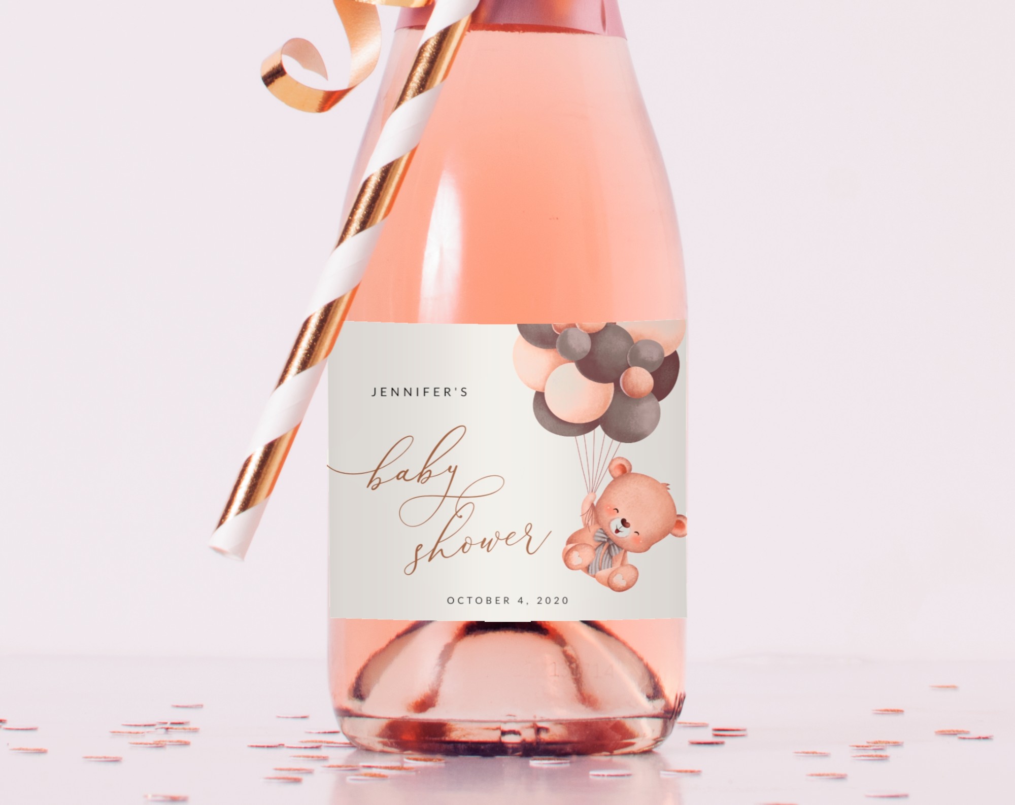 Baby Bear with Brown Balloons Mini Champagne Labels, Baby Shower Decoration, Gender Neutral Baby Shower, Printable File, Edit Yourself, SH62