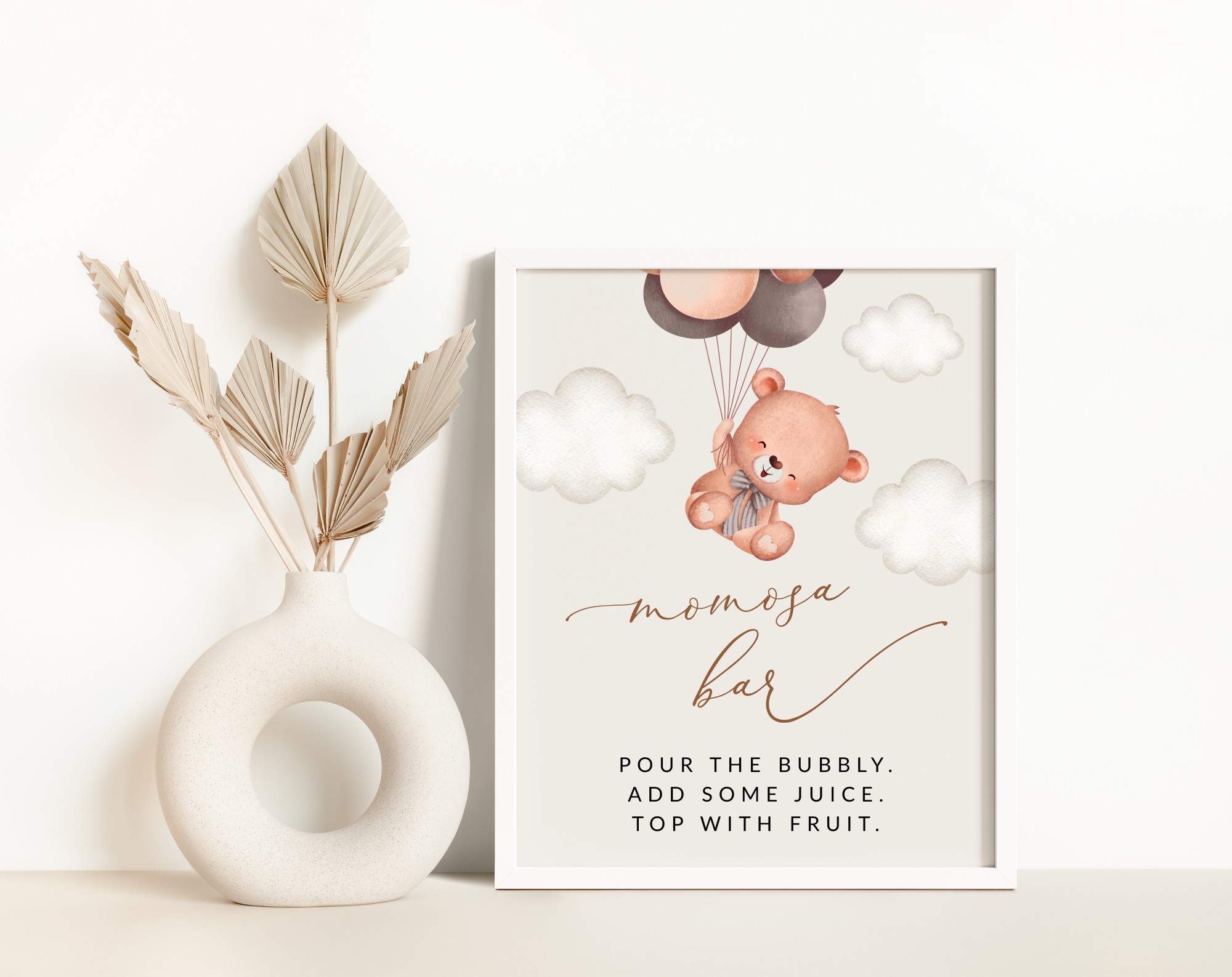 Baby Bear with Brown Balloons Momosa Bar Sign, Baby Shower Sign, Gender Neutral Baby Shower, Printable File, Edit Yourself, SH62