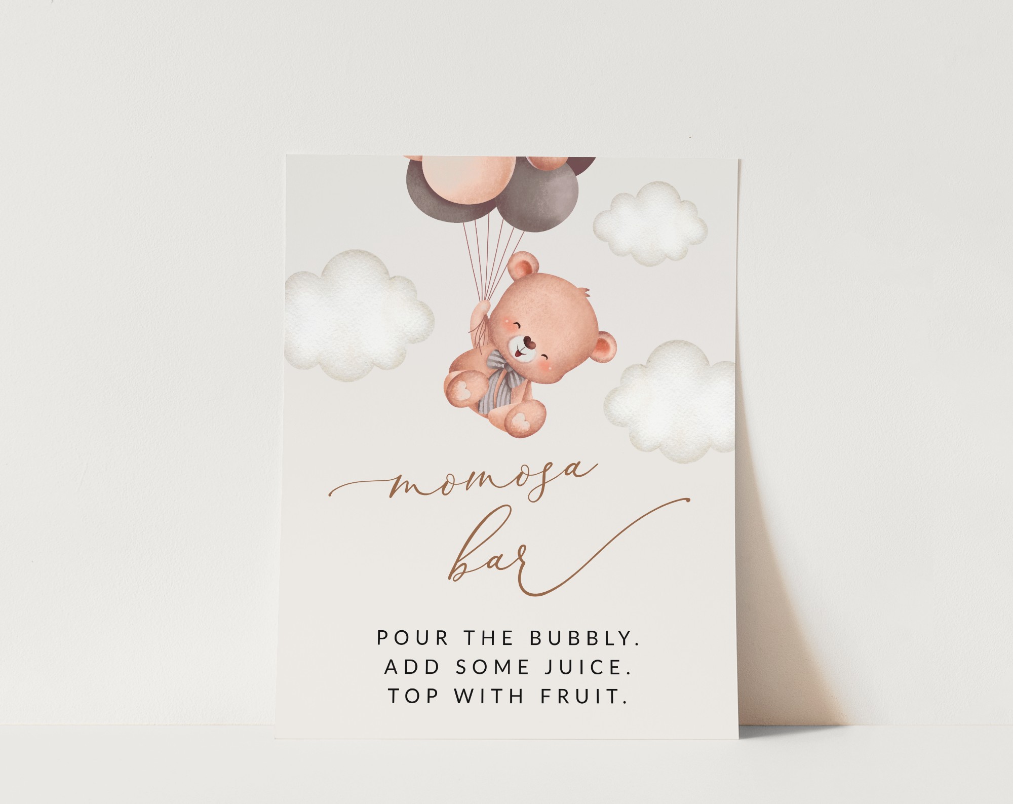 Baby Bear with Brown Balloons Momosa Bar Sign, Baby Shower Sign, Gender Neutral Baby Shower, Printable File, Edit Yourself, SH62