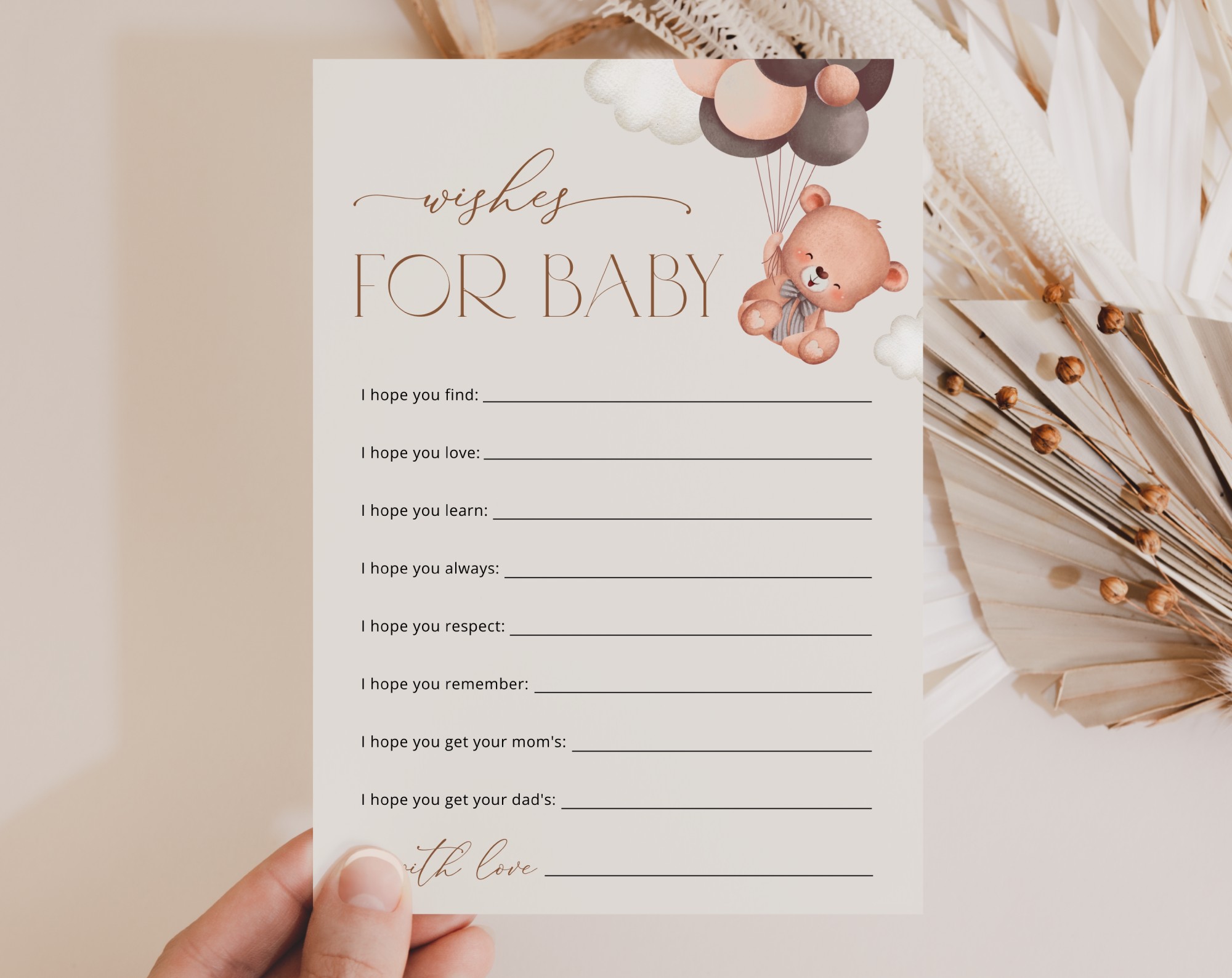 Baby Bear with Brown Balloons Baby Shower Games, Set of 3 Games, Advice Predictions Wishes, Gender Neutral Baby Shower, Printable File, Edit Yourself, SH62