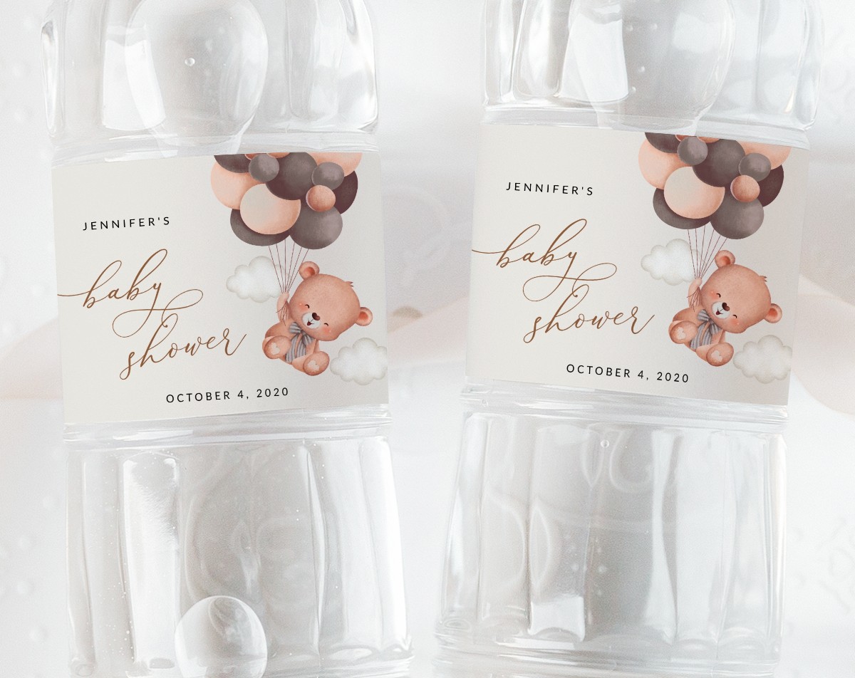Baby Bear with Brown Balloons Water Bottle Labels, Baby Shower Decoration, Gender Neutral Baby Shower, Printable File, Edit Yourself, SH62 Baby Bear with Brown Balloons Water Bottle Labels, Baby Shower Decoration, Gender Neutral Baby Shower, Printable File, Edit Yourself, SH62