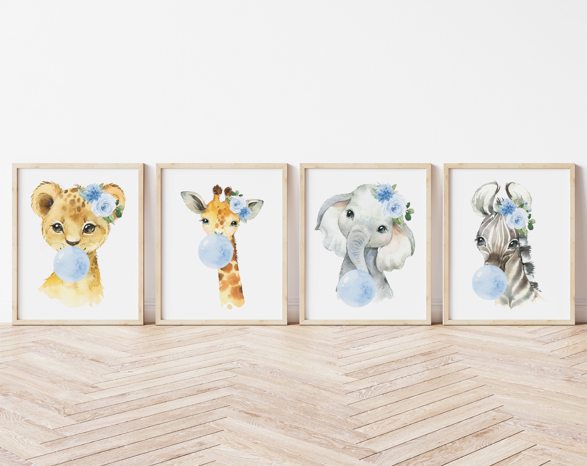 Blue Bubble Gum Jungle Animals Nursery Prints, Nursery Wall Art, Boy Nursery Decor, Printable File, SH63