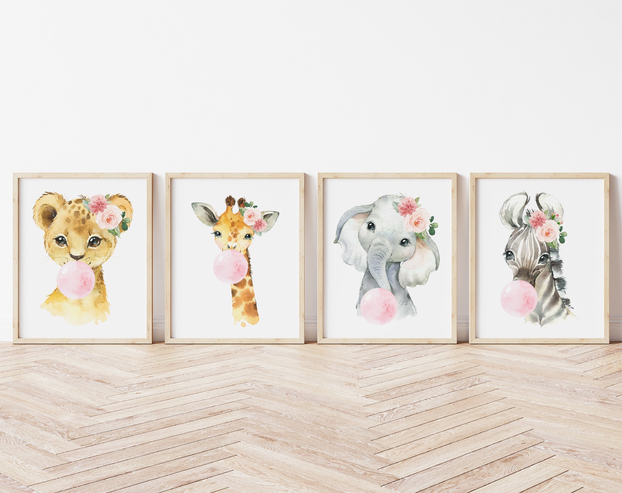 Pink Bubble Gum Jungle Animals Nursery Prints, Nursery Wall Art, Girl Nursery Decor, Printable File, SH63
