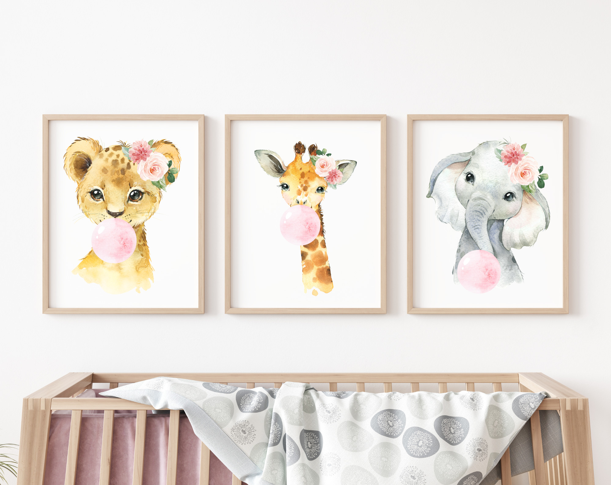 Pink Bubble Gum Jungle Animals Nursery Prints, Nursery Wall Art, Girl Nursery Decor, Printable File, SH63