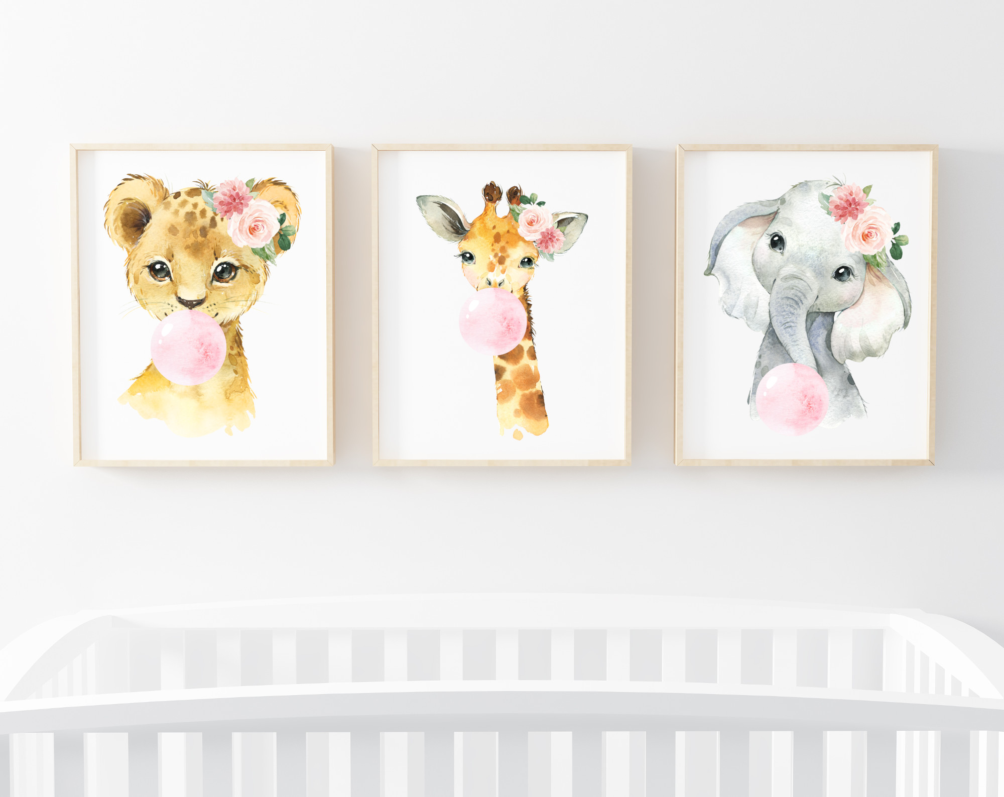 Pink Bubble Gum Jungle Animals Nursery Prints, Nursery Wall Art, Girl Nursery Decor, Printable File, SH63