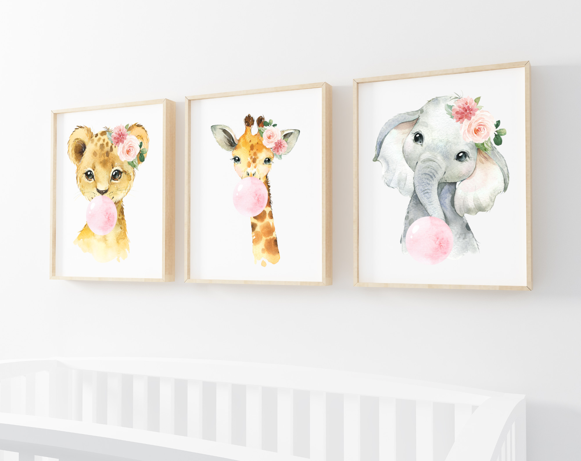 Pink Bubble Gum Jungle Animals Nursery Prints, Nursery Wall Art, Girl Nursery Decor, Printable File, SH63