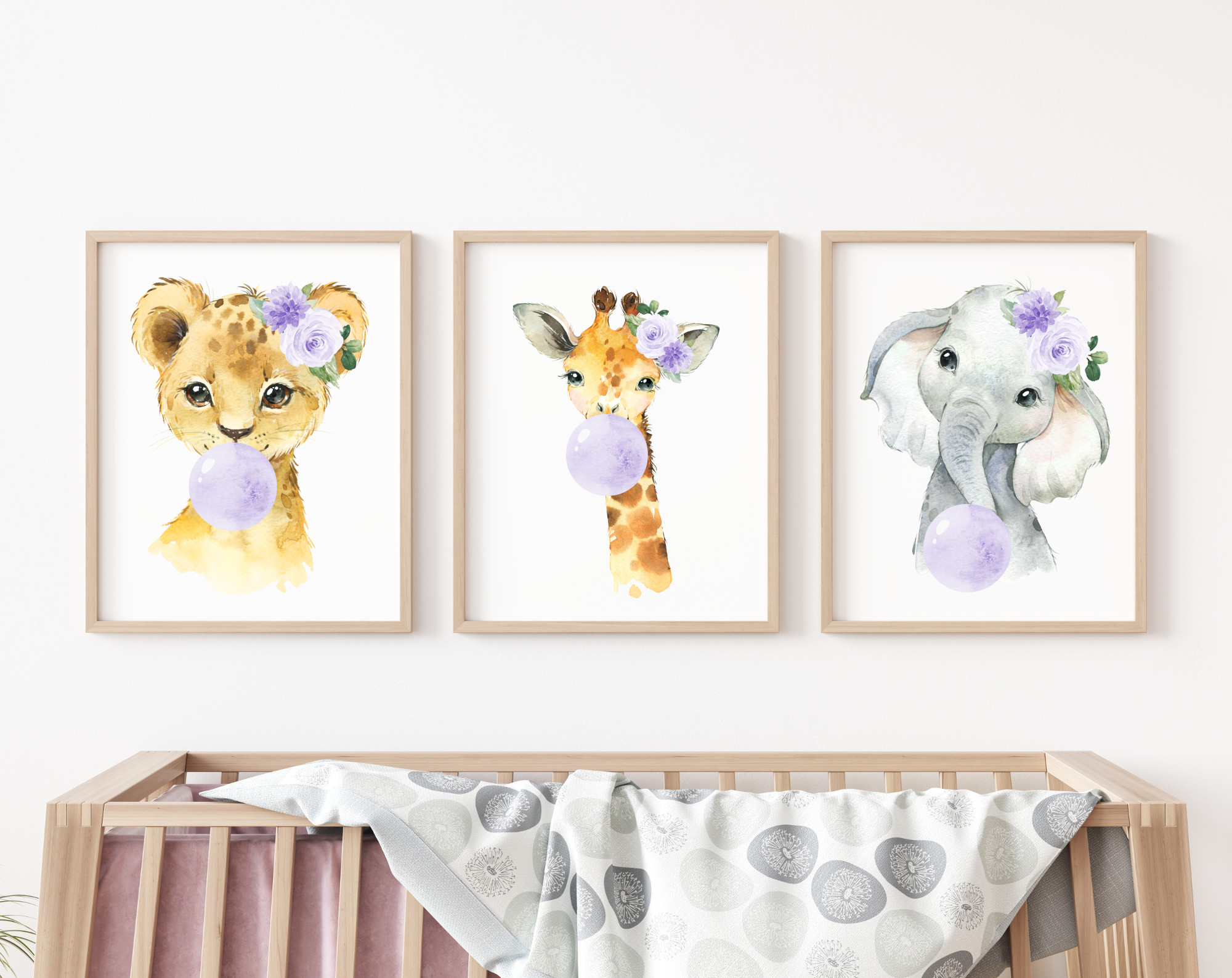 Purple Bubble Gum Jungle Animals Nursery Prints, Nursery Wall Art, Gender Neutral Nursery, Printable File, SH63