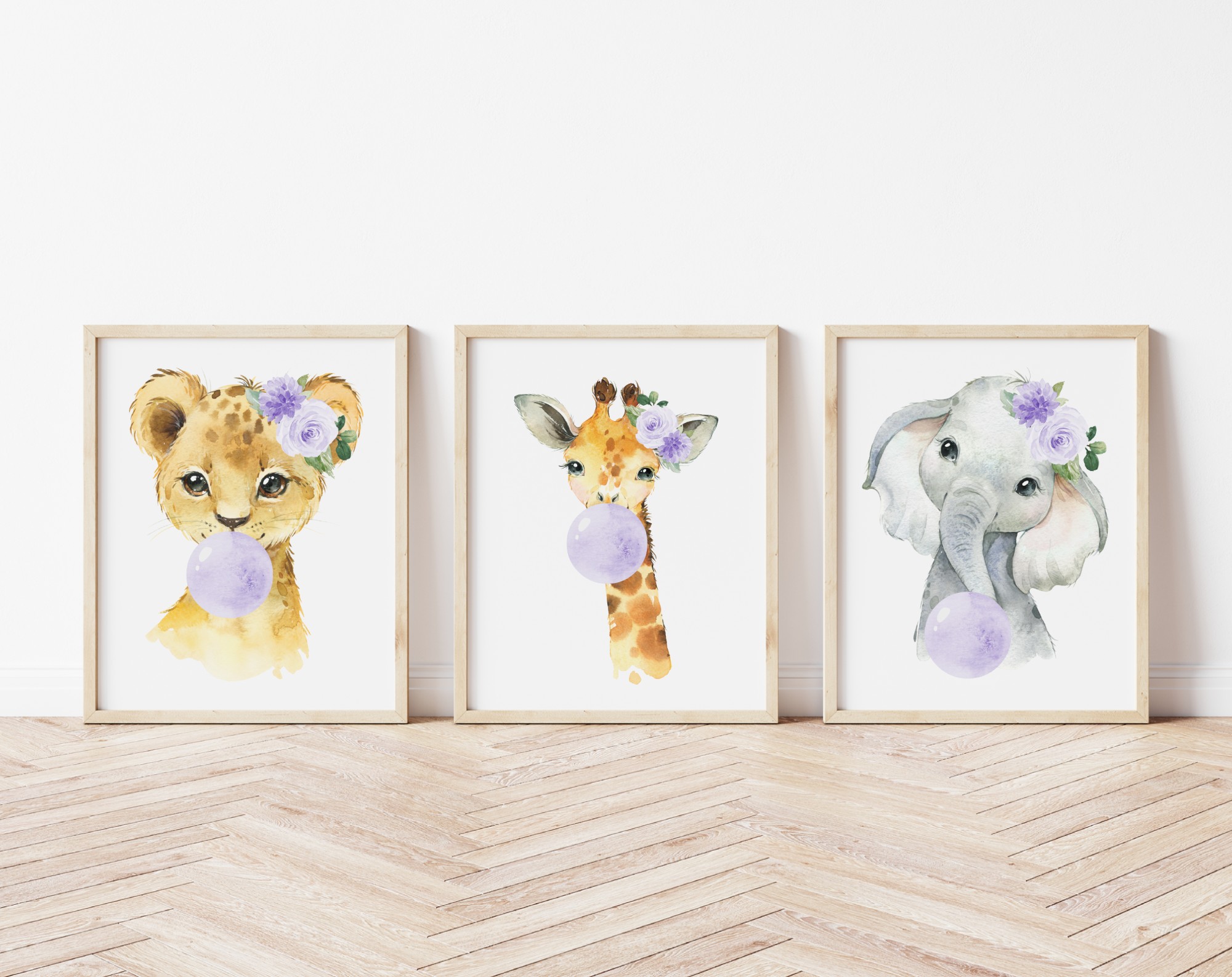 Purple Bubble Gum Jungle Animals Nursery Prints, Nursery Wall Art, Gender Neutral Nursery, Printable File, SH63