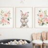 Cute Bunny Pink Flowers Nursery Prints, Nursery Wall Art, Girl Nursery Decor, Printable File, SH05