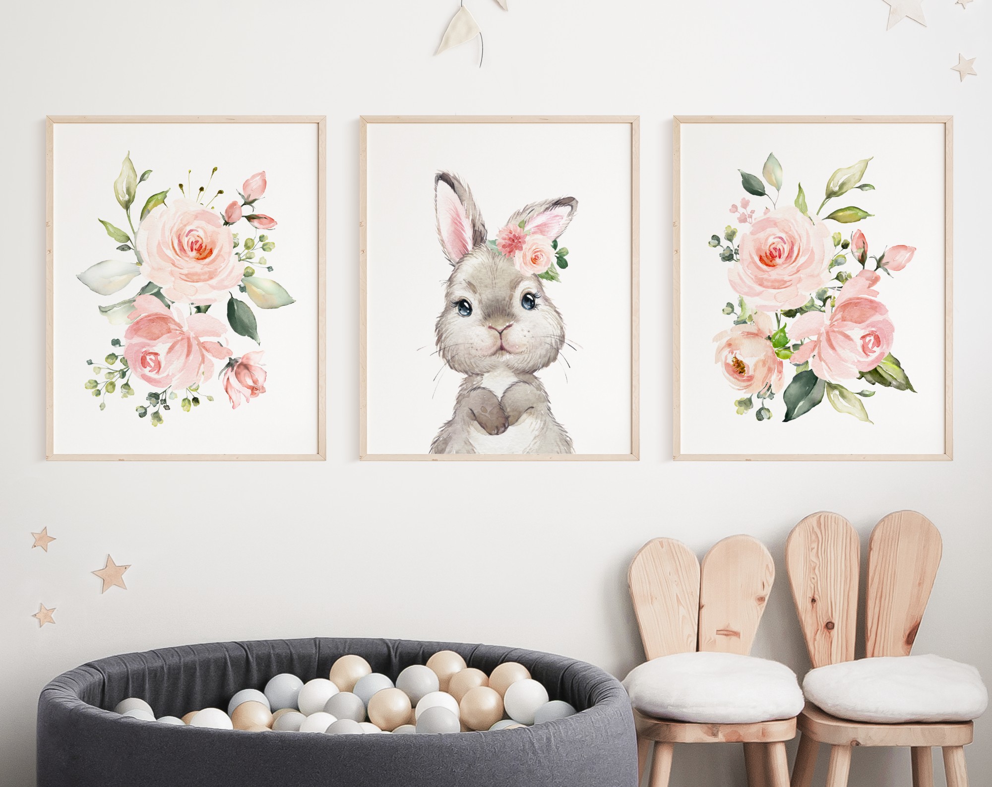 Cute Bunny Pink Flowers Nursery Prints, Nursery Wall Art, Girl Nursery Decor, Printable File, SH05