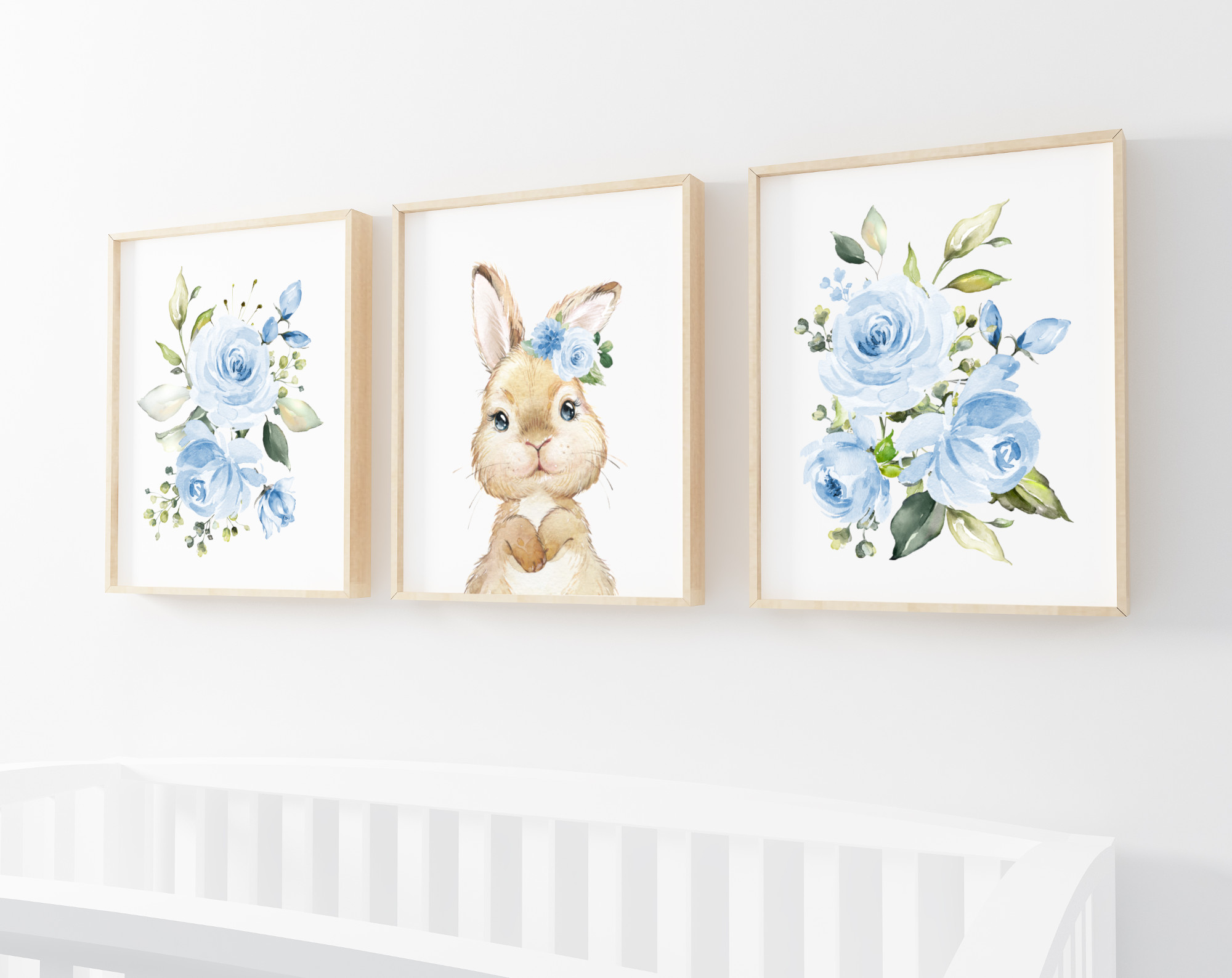 Cute Bunny Blue Flowers Nursery Prints, Nursery Wall Art, Boy Nursery Decor, Printable File, SH05