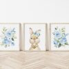 Cute Bunny Blue Flowers Nursery Prints, Nursery Wall Art, Boy Nursery Decor, Printable File, SH05