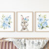 Cute Bunny Blue Flowers Nursery Prints, Nursery Wall Art, Boy Nursery Decor, Printable File, SH05