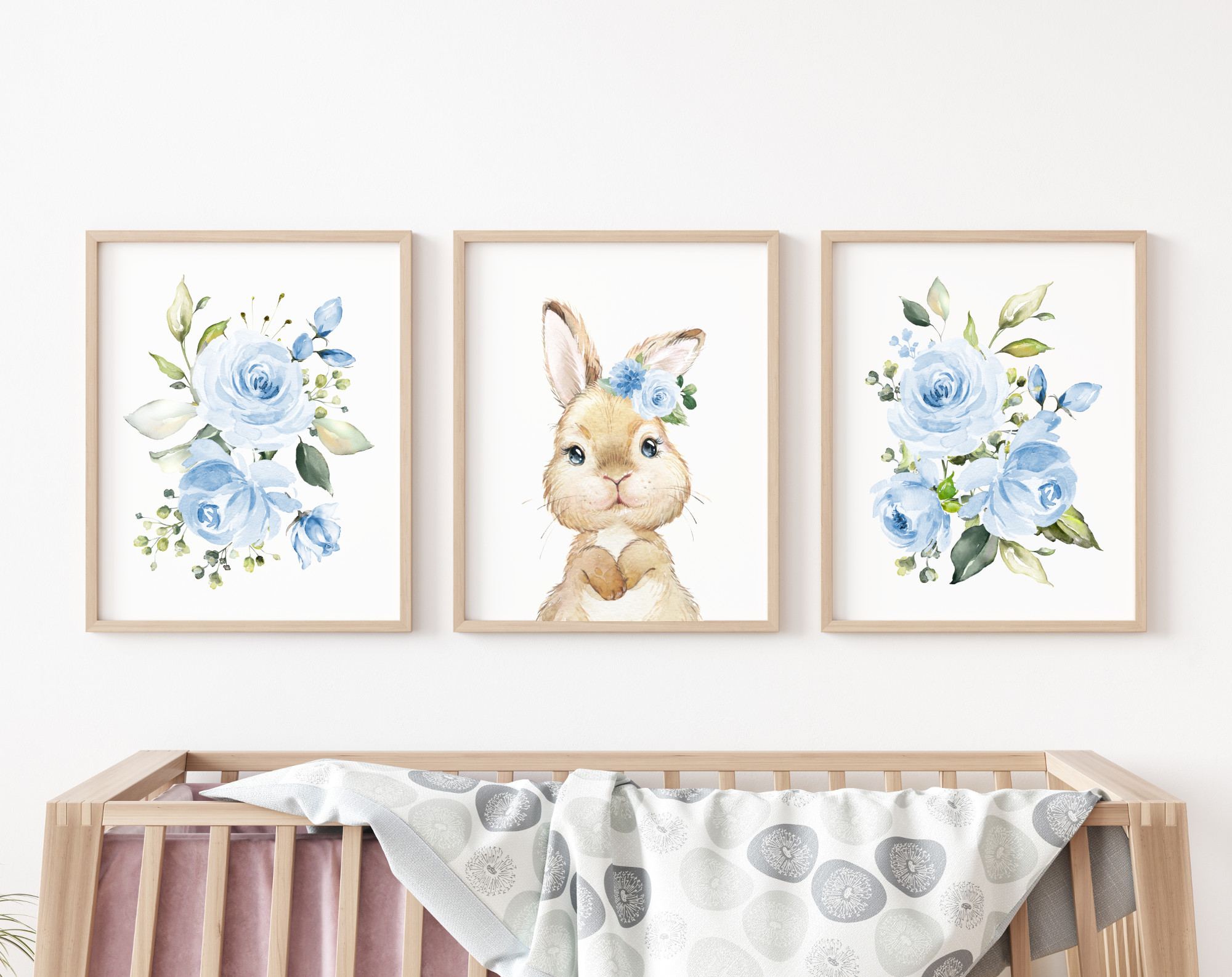 Cute Bunny Blue Flowers Nursery Prints, Nursery Wall Art, Boy Nursery Decor, Printable File, SH05