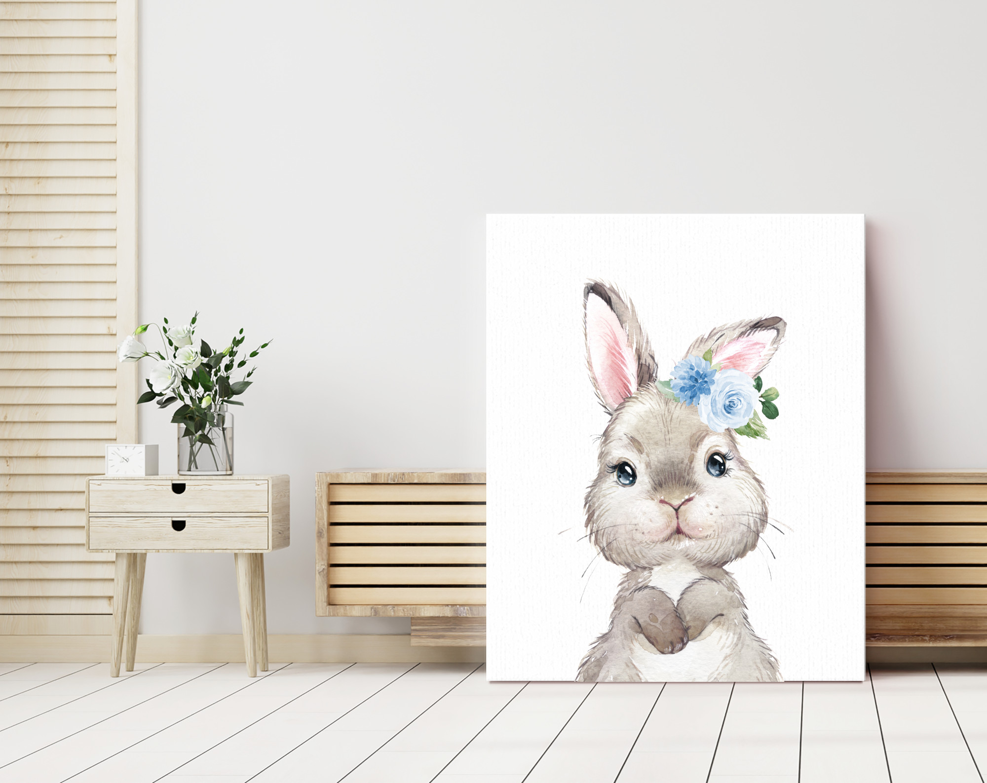 Cute Bunny Blue Flowers Nursery Prints, Nursery Wall Art, Boy Nursery Decor, Printable File, SH05