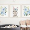 Cute Bunny Blue Flowers Nursery Prints, Nursery Wall Art, Boy Nursery Decor, Printable File, SH05