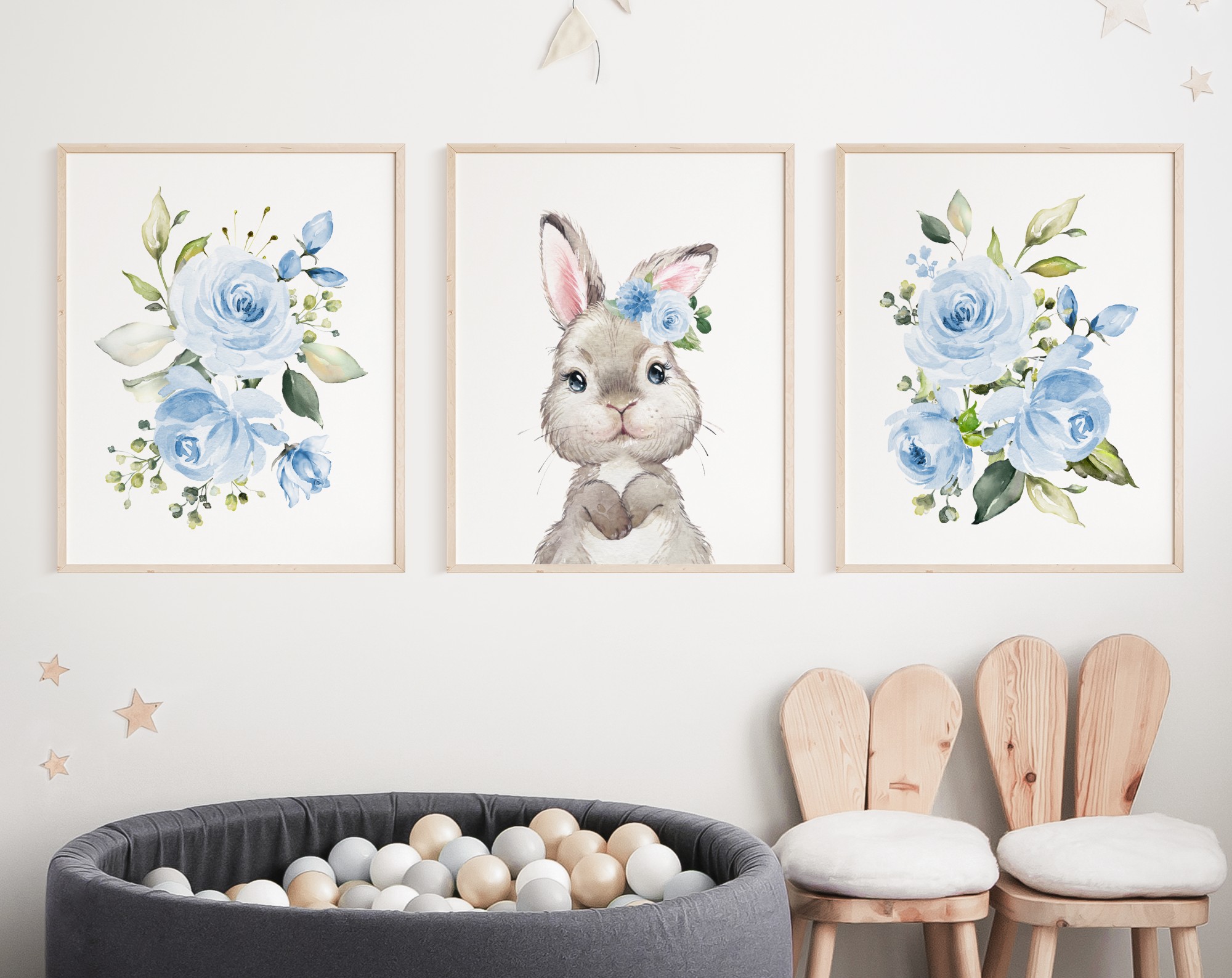 Cute Bunny Blue Flowers Nursery Prints, Nursery Wall Art, Boy Nursery Decor, Printable File, SH05