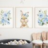 Cute Bunny Blue Flowers Nursery Prints, Nursery Wall Art, Boy Nursery Decor, Printable File, SH05