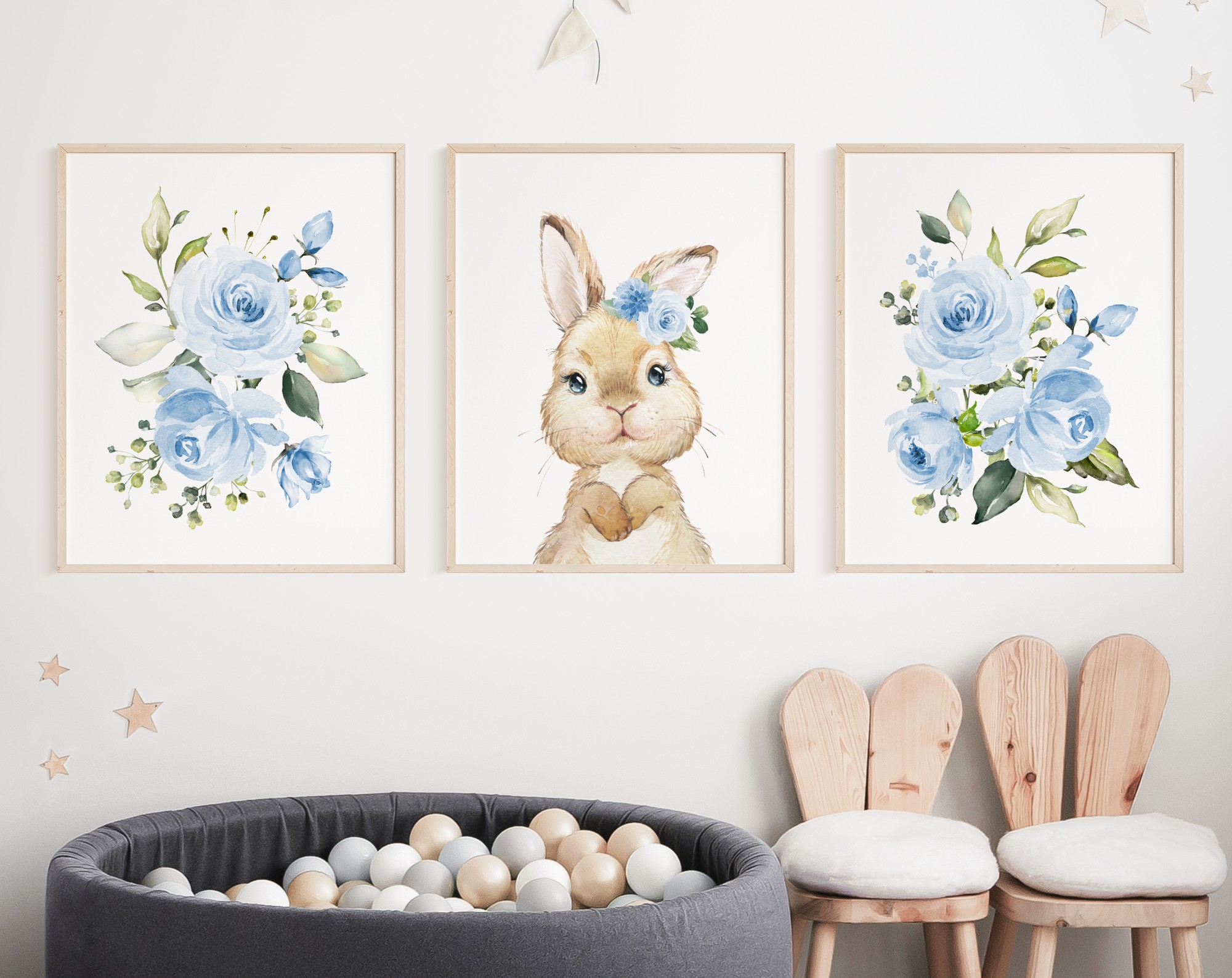 Cute Bunny Blue Flowers Nursery Prints, Nursery Wall Art, Boy Nursery Decor, Printable File, SH05