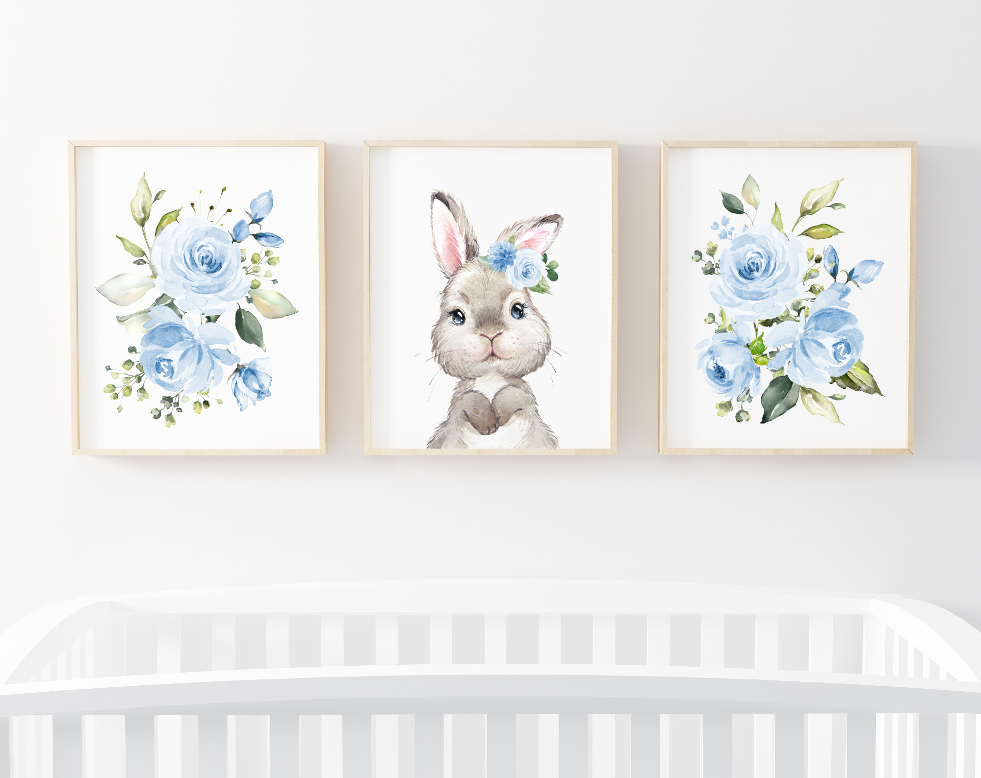 Cute Bunny Blue Flowers Nursery Prints, Nursery Wall Art, Boy Nursery Decor, Printable File, SH05