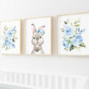 Cute Bunny Blue Flowers Nursery Prints, Nursery Wall Art, Boy Nursery Decor, Printable File, SH05