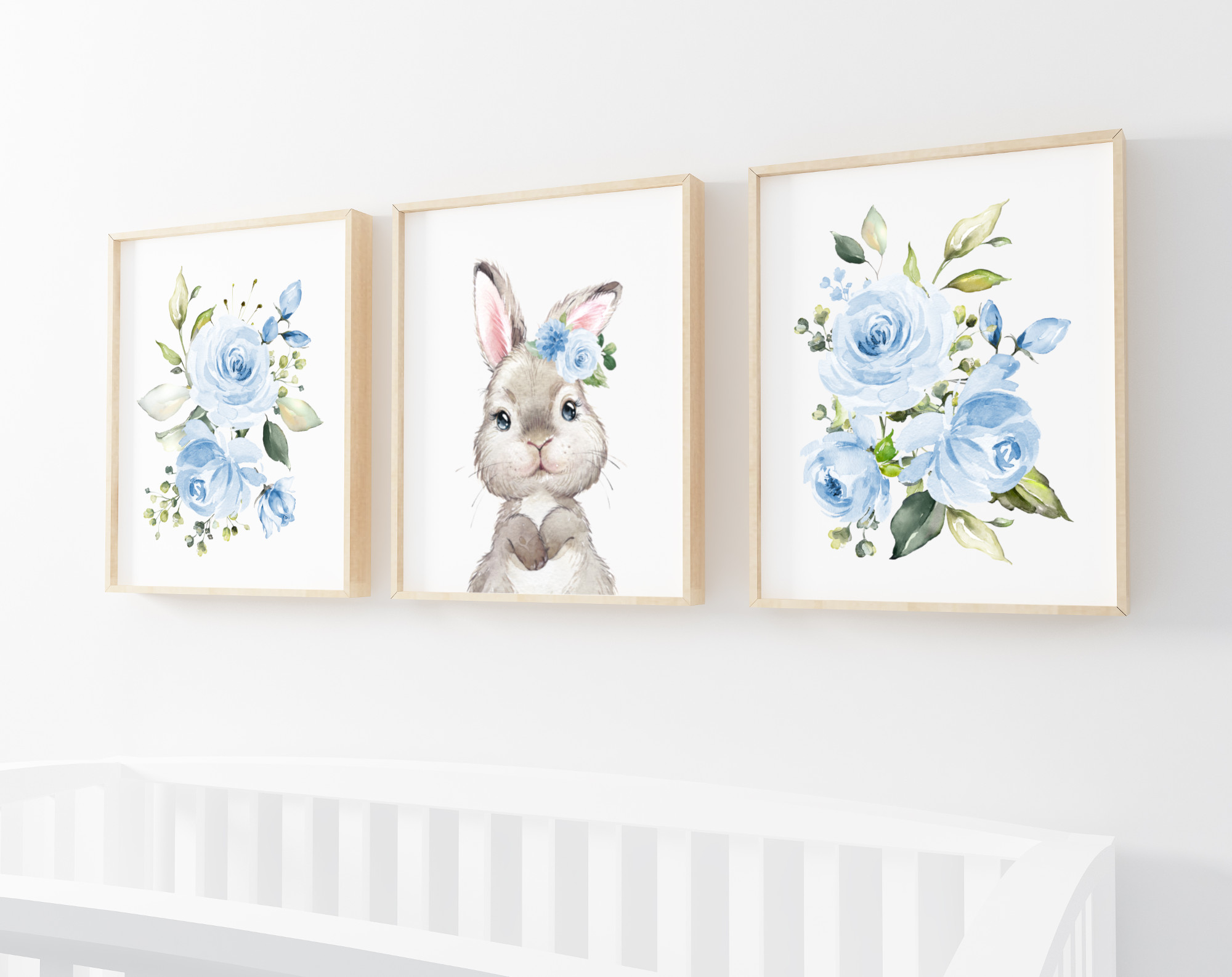 Cute Bunny Blue Flowers Nursery Prints, Nursery Wall Art, Boy Nursery Decor, Printable File, SH05