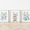Cute Bunny Blue Flowers Nursery Prints, Nursery Wall Art, Boy Nursery Decor, Printable File, SH05