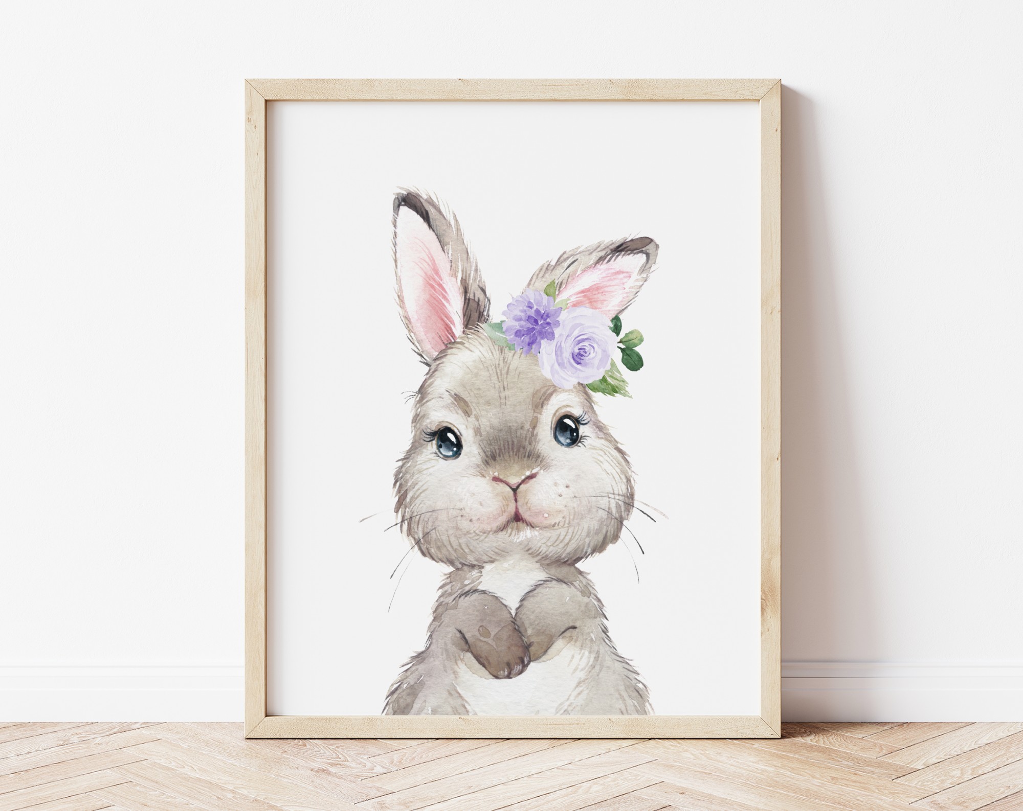 Cute Bunny Purple Flowers Nursery Prints, Nursery Wall Art, Gender Neutral Nursery, Printable File, SH05