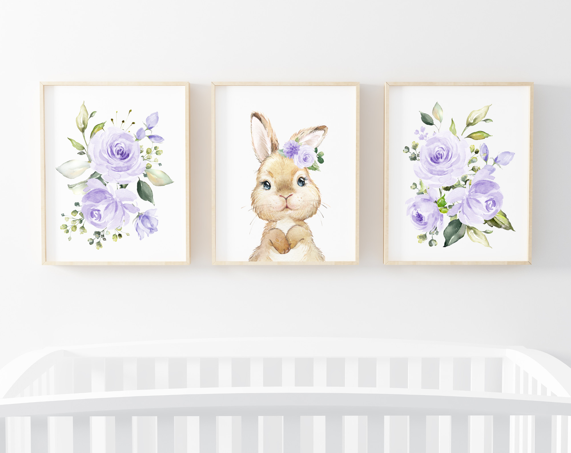 Cute Bunny Purple Flowers Nursery Prints, Nursery Wall Art, Gender Neutral Nursery, Printable File, SH05