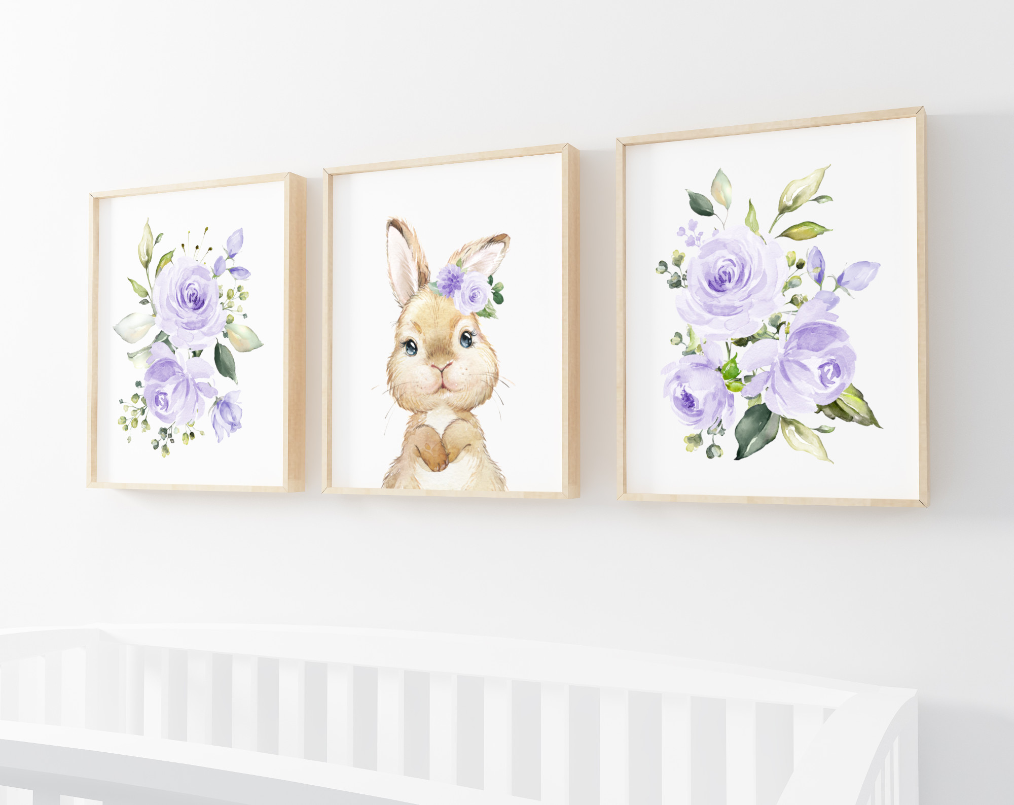 Cute Bunny Purple Flowers Nursery Prints, Nursery Wall Art, Gender Neutral Nursery, Printable File, SH05