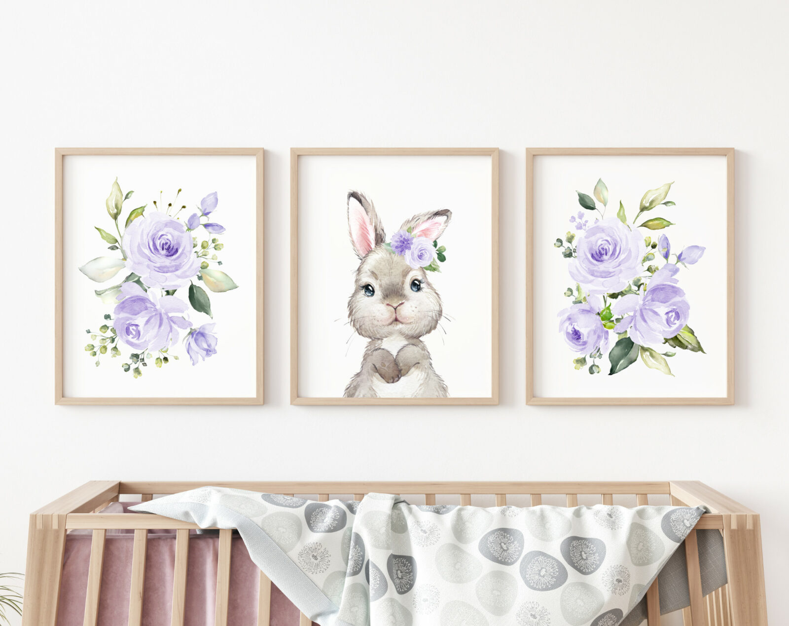 Cute Bunny Purple Flowers Nursery Prints - Set of 3 - Nursery Art