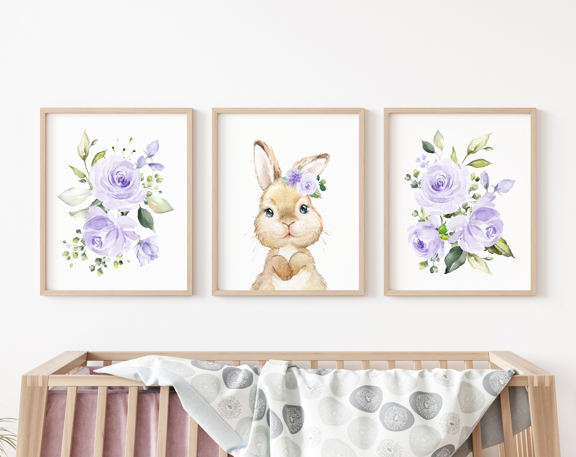 Cute Bunny Purple Flowers Nursery Prints, Nursery Wall Art, Gender Neutral Nursery, Printable File, SH05