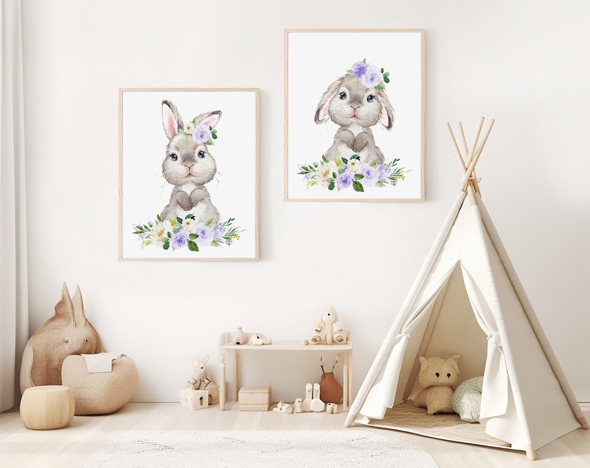 Little Bunny Purple Flowers Nursery Prints, Nursery Wall Art, Gender Neutral Nursery, Printable File, SH05