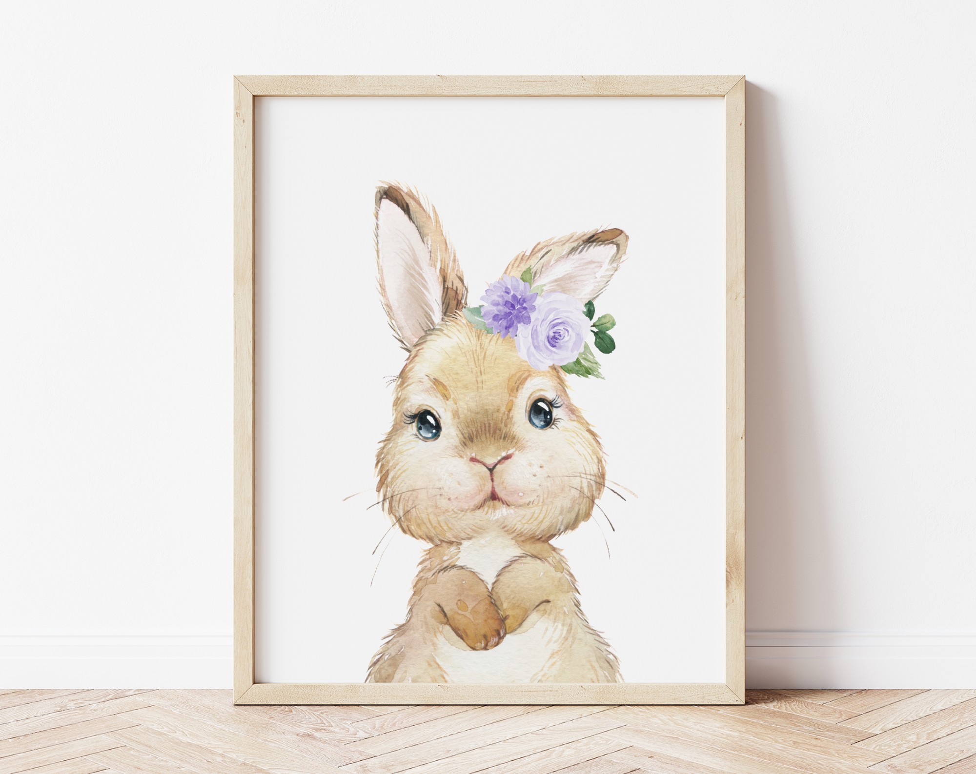 Cute Bunny Purple Flowers Nursery Prints, Nursery Wall Art, Gender Neutral Nursery, Printable File, SH05